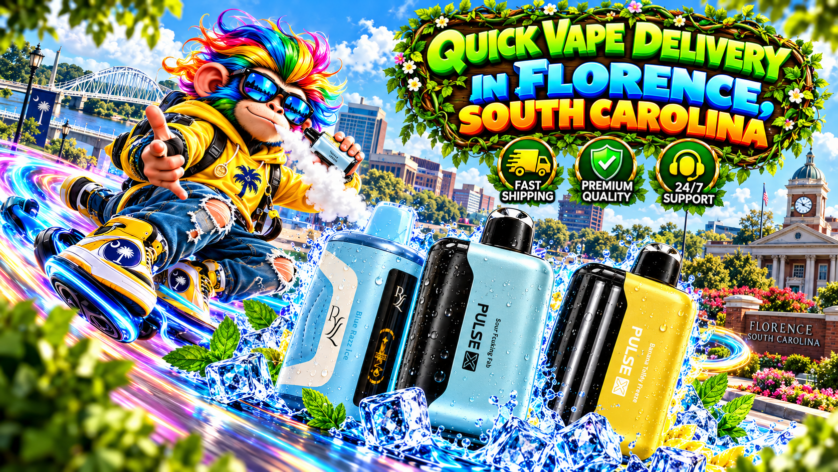 Quick Vape Delivery in Florence, South Carolina With Colorful Devices Colorful vape devices with water droplets, ice effects, neon trails, and a sunny Florence city backdrop.