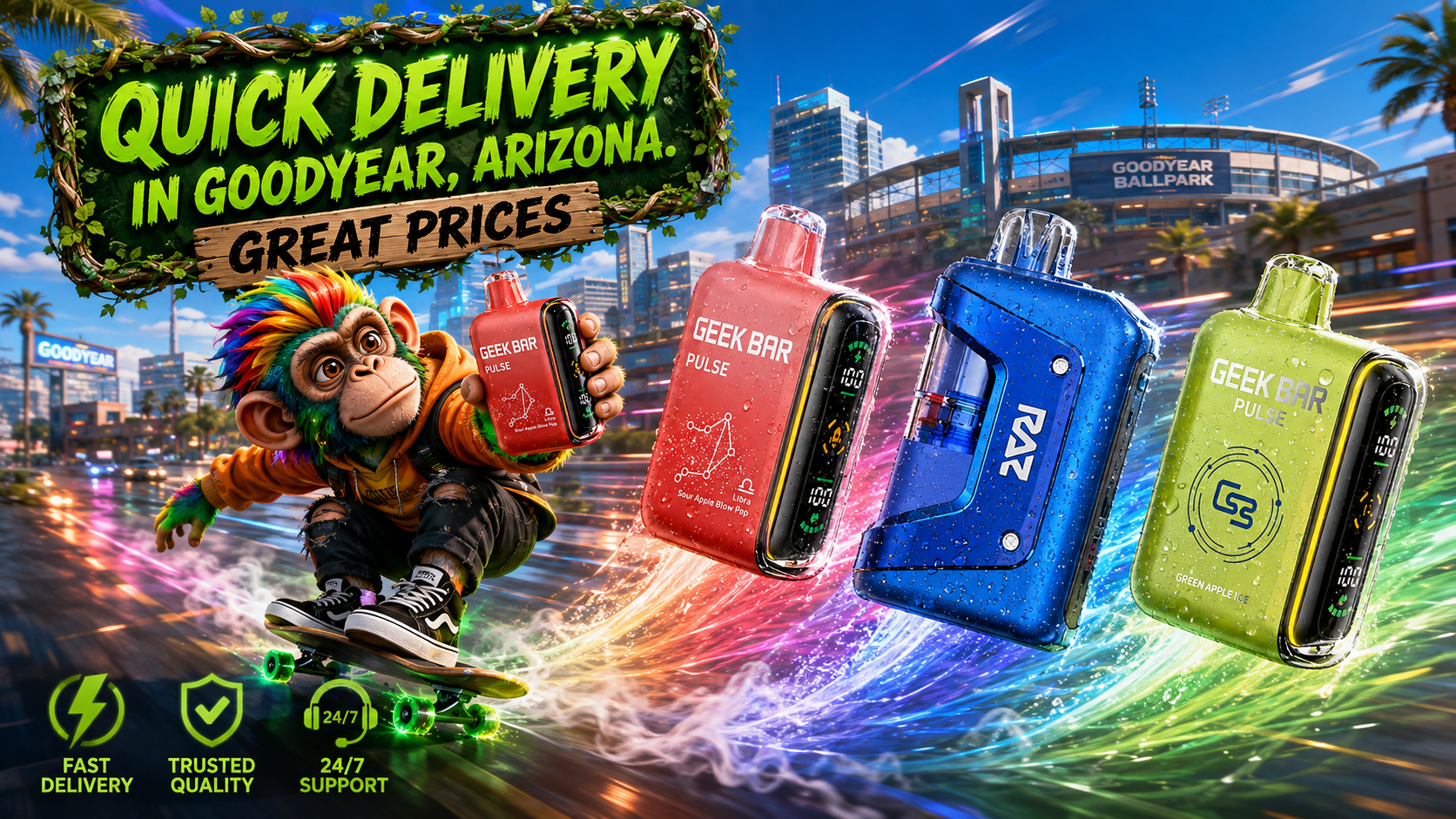 Disposable vape devices with a quick delivery theme, colorful effects, and a modern Goodyear, Arizona city backdrop.