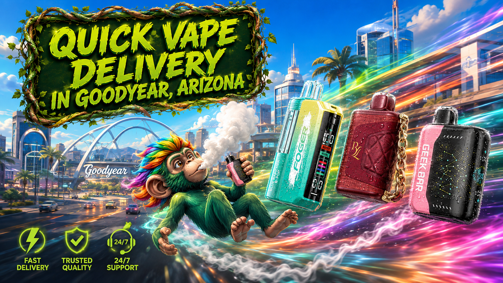 Colorful disposable vape devices with a quick delivery theme and a modern Goodyear, Arizona city backdrop.