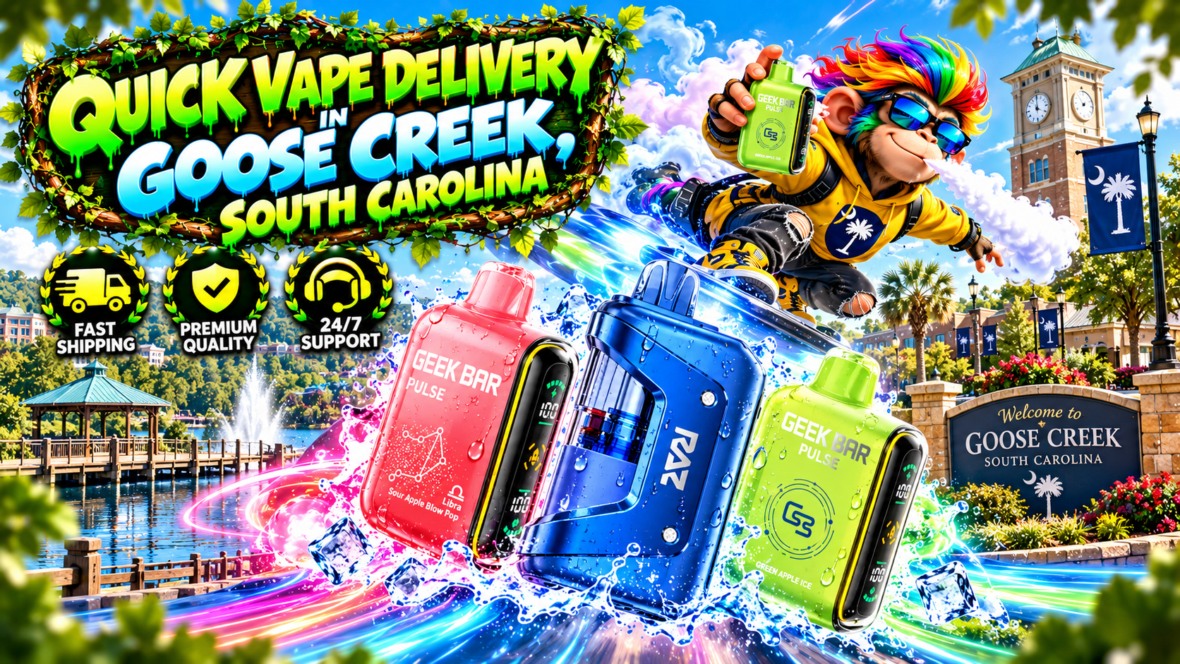 Quick Vape Delivery in Goose Creek, South Carolina With Vibrant Devices Colorful vape devices with water droplets, neon trails, and a sunny waterfront scene in Goose Creek, South Carolina.