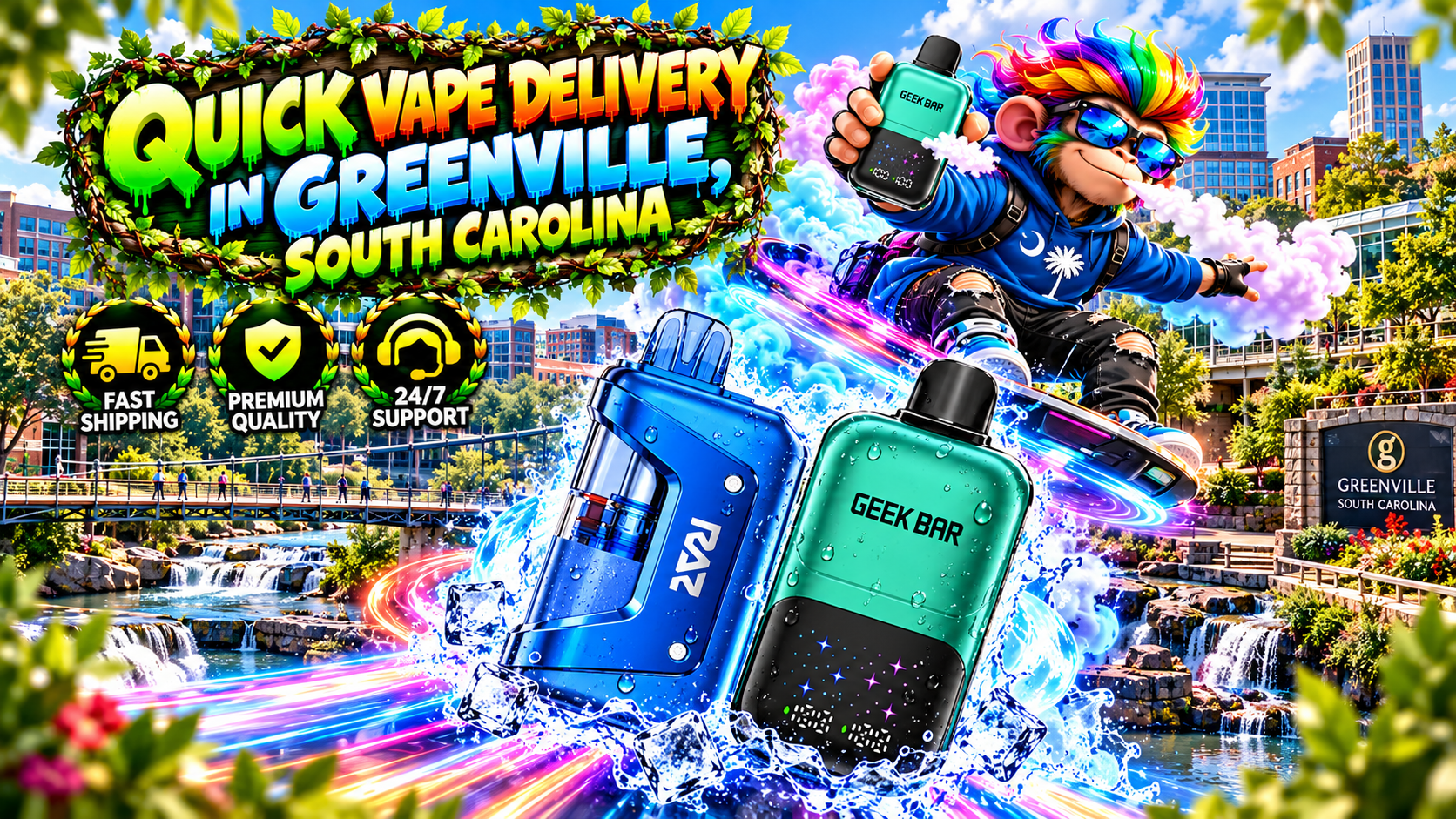 Blue and green vape devices with water droplets, ice effects, neon trails, and a scenic Greenville backdrop.