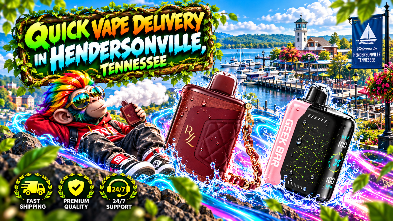 Vibrant delivery scene with sleek devices, water splashes, energy trails, and a sunny Hendersonville waterfront.