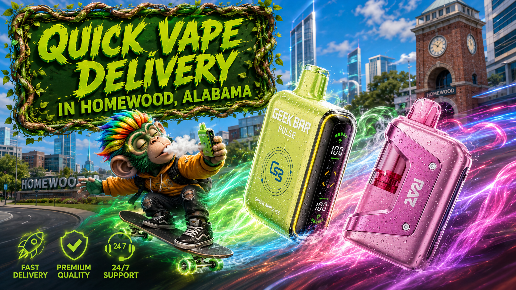 Colorful Rechargeable Devices with Fast Delivery Two colorful rechargeable devices with vibrant light trails and a Homewood city backdrop promoting fast delivery service.