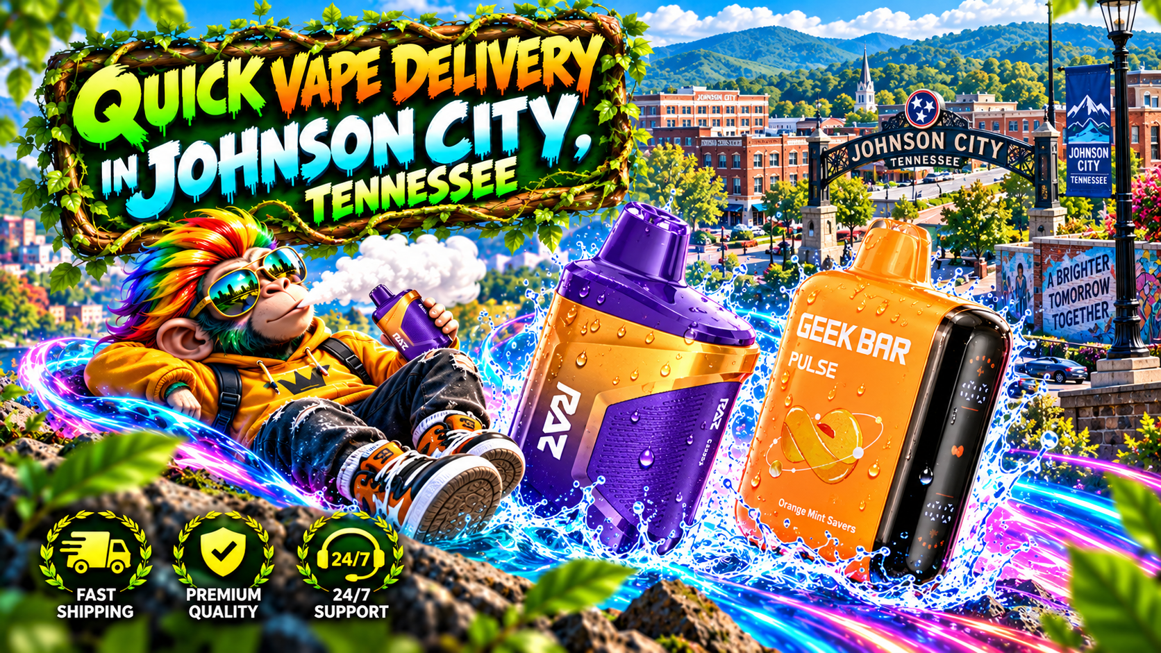 Quick Vape Delivery in Johnson City, Tennessee Bright delivery scene with colorful devices, water splashes, energy trails, and scenic Johnson City landmarks.