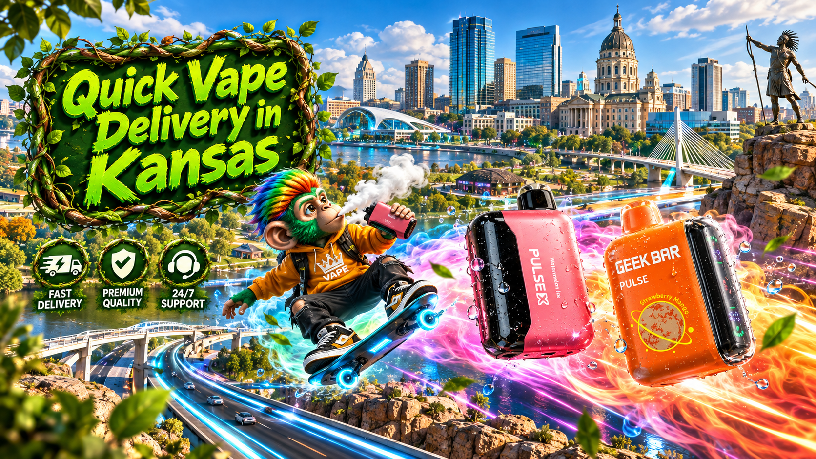 Dynamic Device Display Over a Scenic Kansas Cityscape Sleek colorful devices soar above a bright Kansas skyline with water droplets and glowing motion trails.