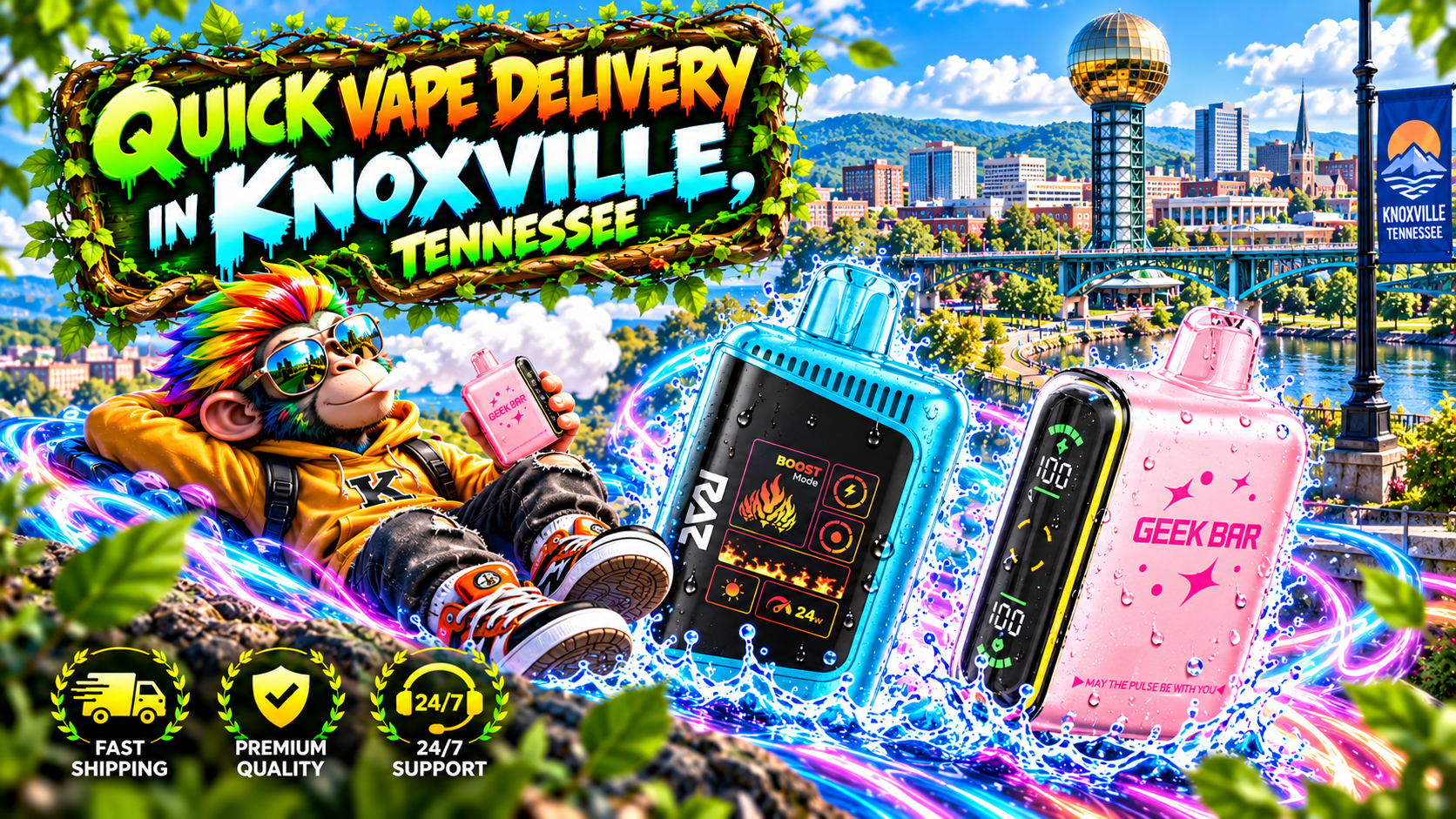 Colorful delivery scene with modern devices, water splashes, energy trails, and a sunny Knoxville skyline.