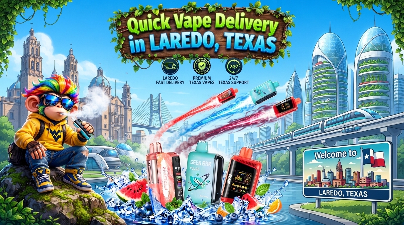 Quick Vape Delivery in Laredo, Texas With Vibrant Cityscape Colorful vape devices with water splashes and bright motion trails across a futuristic Laredo city scene.