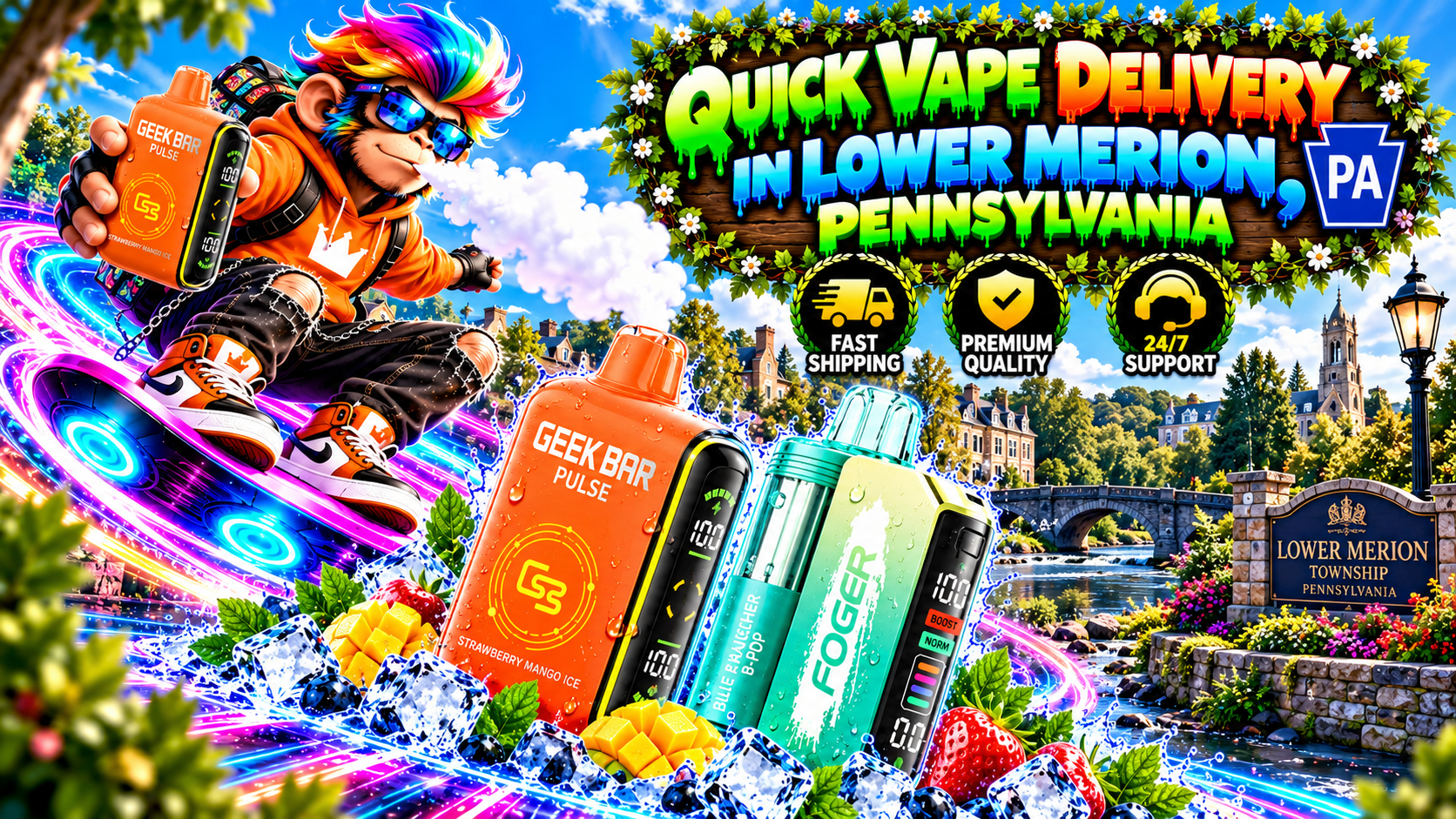 Orange and mint vape devices with water droplets, ice, tropical fruit, and neon trails in scenic Lower Merion.