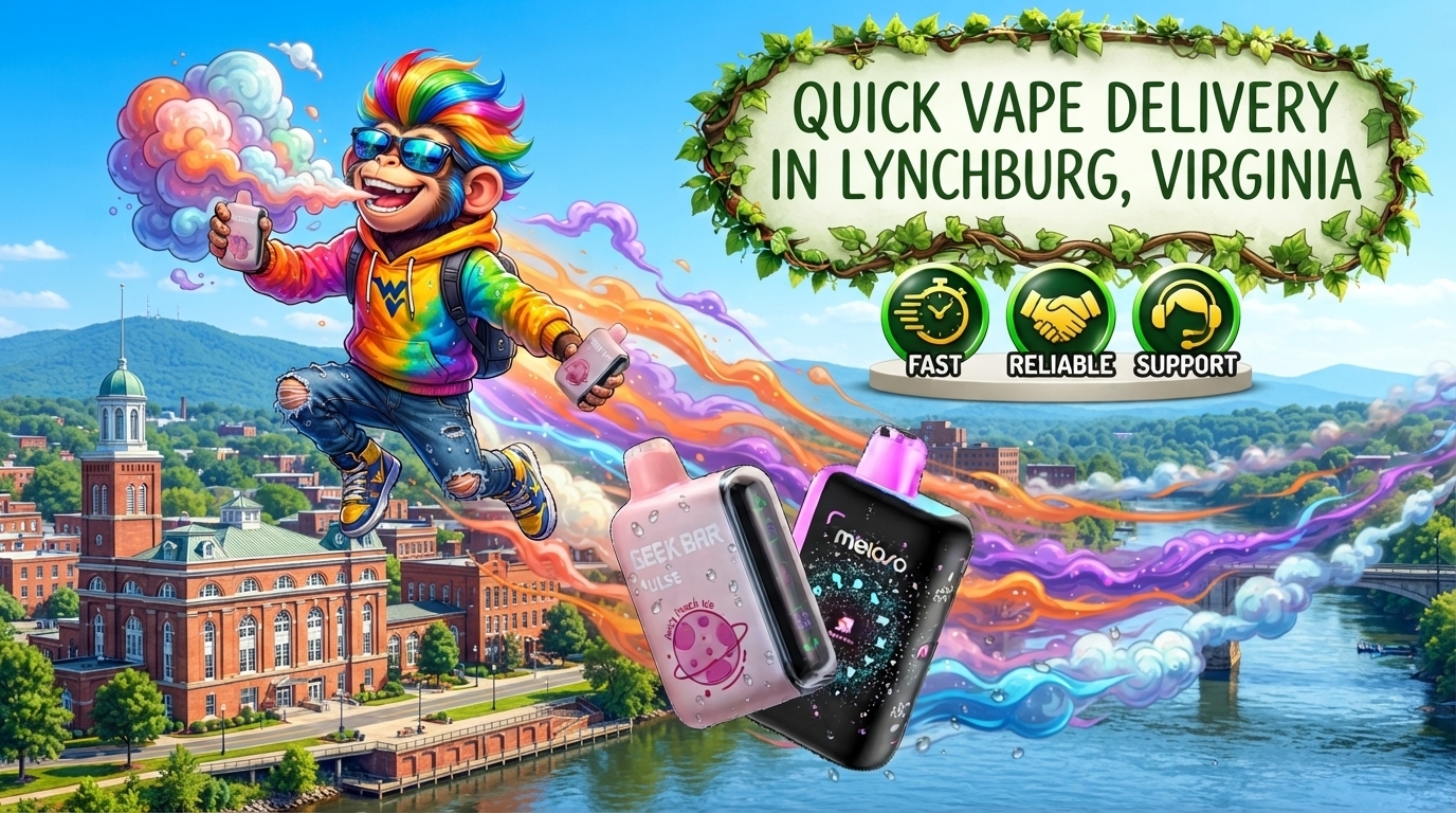 Colorful vape devices with water droplets flying above a bright Lynchburg, Virginia cityscape.