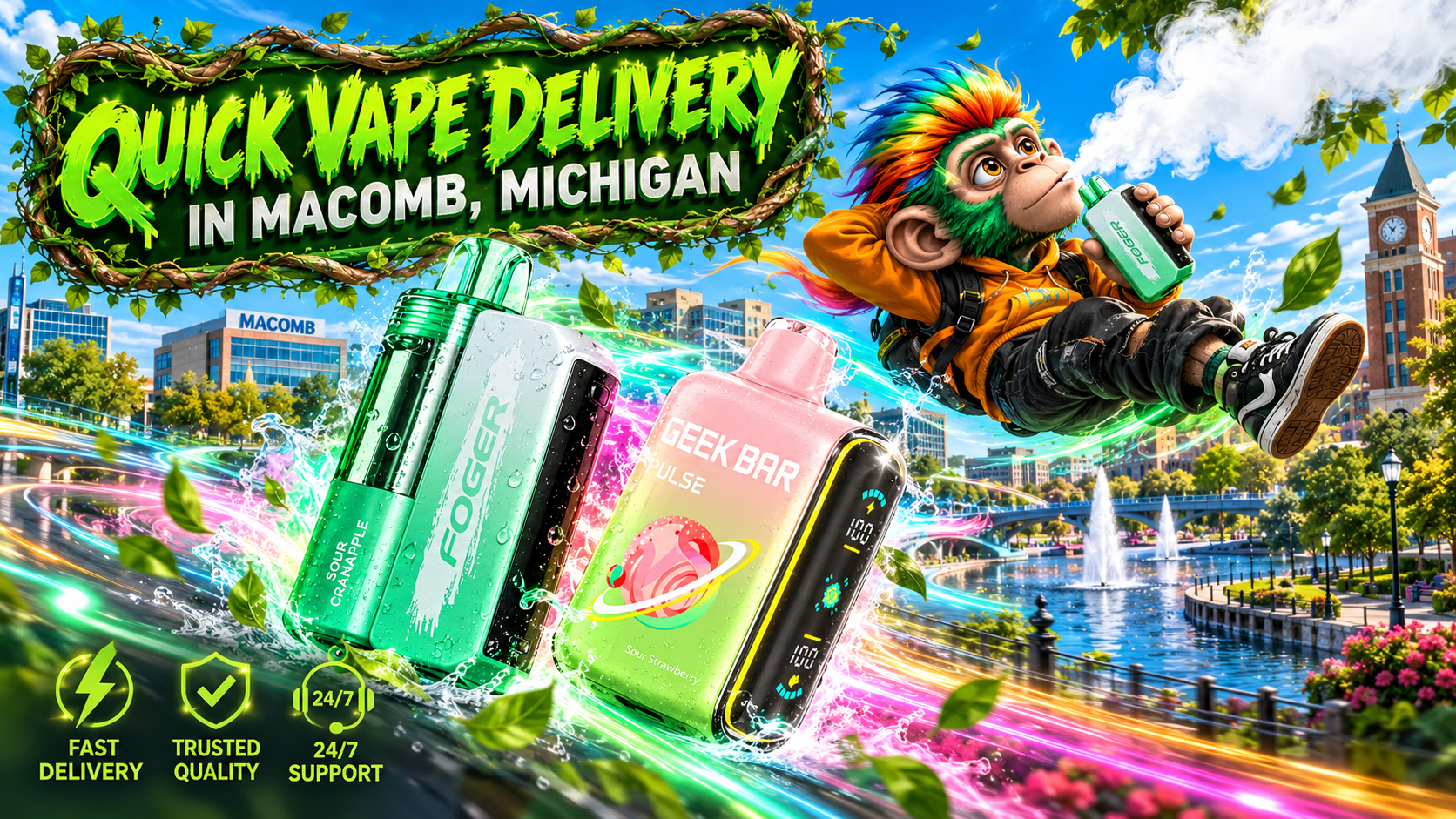 Quick Vape Delivery in Macomb, Michigan Colorful delivery scene in Macomb, Michigan, featuring two modern devices, city scenery, and fast service icons.