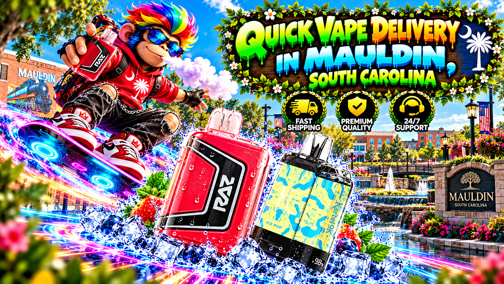 Quick Vape Delivery in Mauldin, South Carolina Vibrant delivery scene with water-detailed devices, colorful speed trails, and a sunny Mauldin city backdrop.