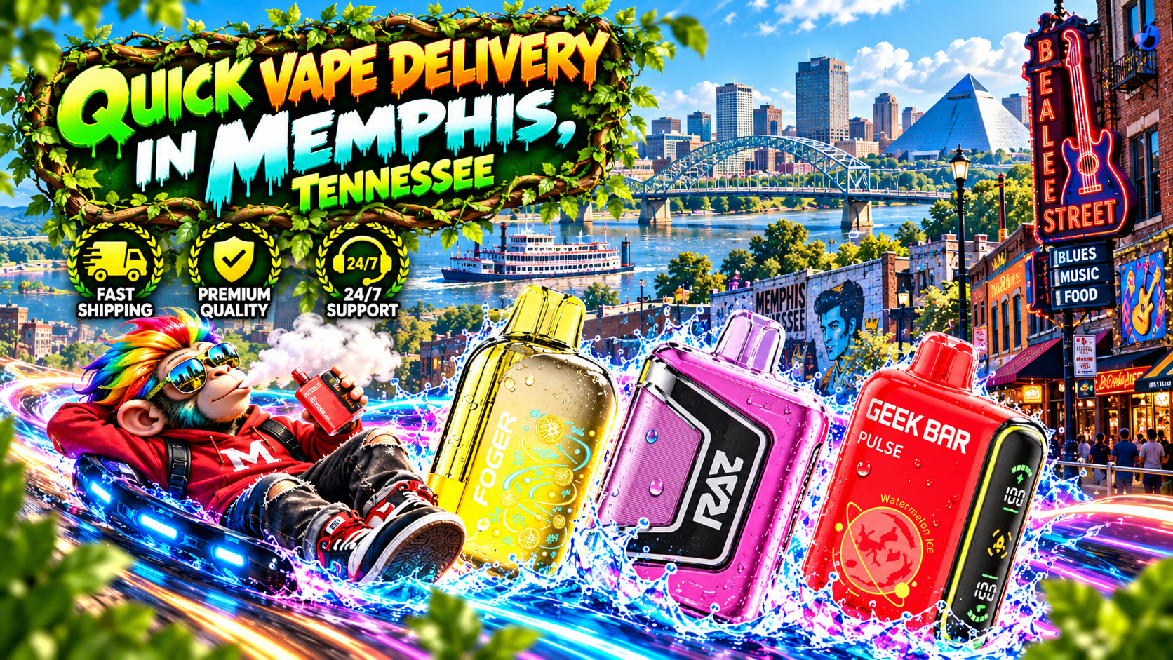Quick Vape Delivery in Memphis, Tennessee Lively delivery scene with colorful devices, water splashes, neon trails, and recognizable Memphis landmarks.