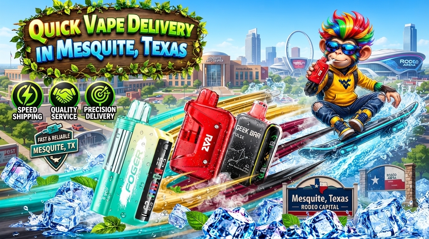 Colorful vape devices race through a bright Mesquite city scene with icy water effects and vivid motion trails.