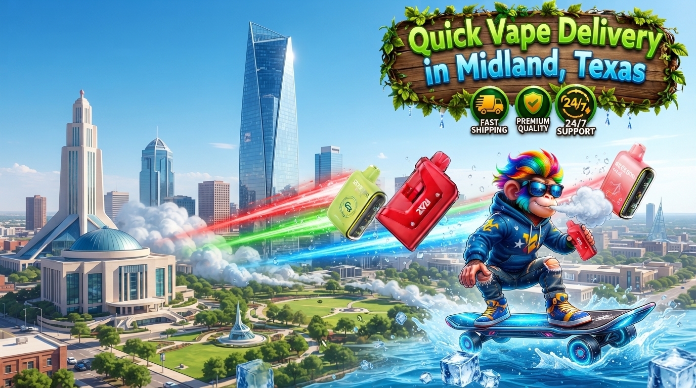 Quick Vape Delivery in Midland, Texas With Dynamic Skyline Bright vape devices race above a sunny Midland skyline with water splashes, ice effects, and colorful energy trails.
