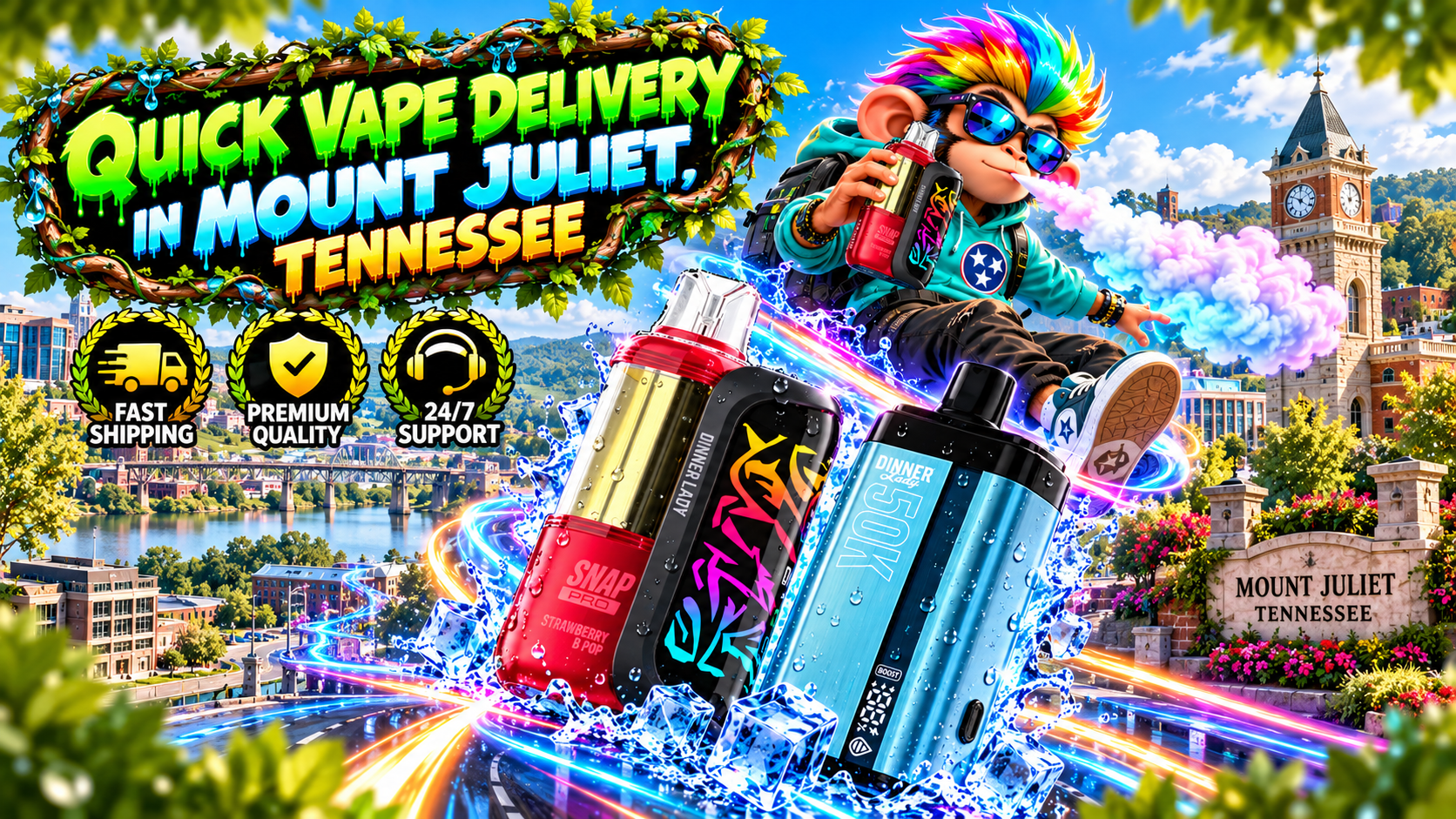Colorful vape devices with water droplets, ice effects, neon trails, and a bright Mount Juliet city backdrop.