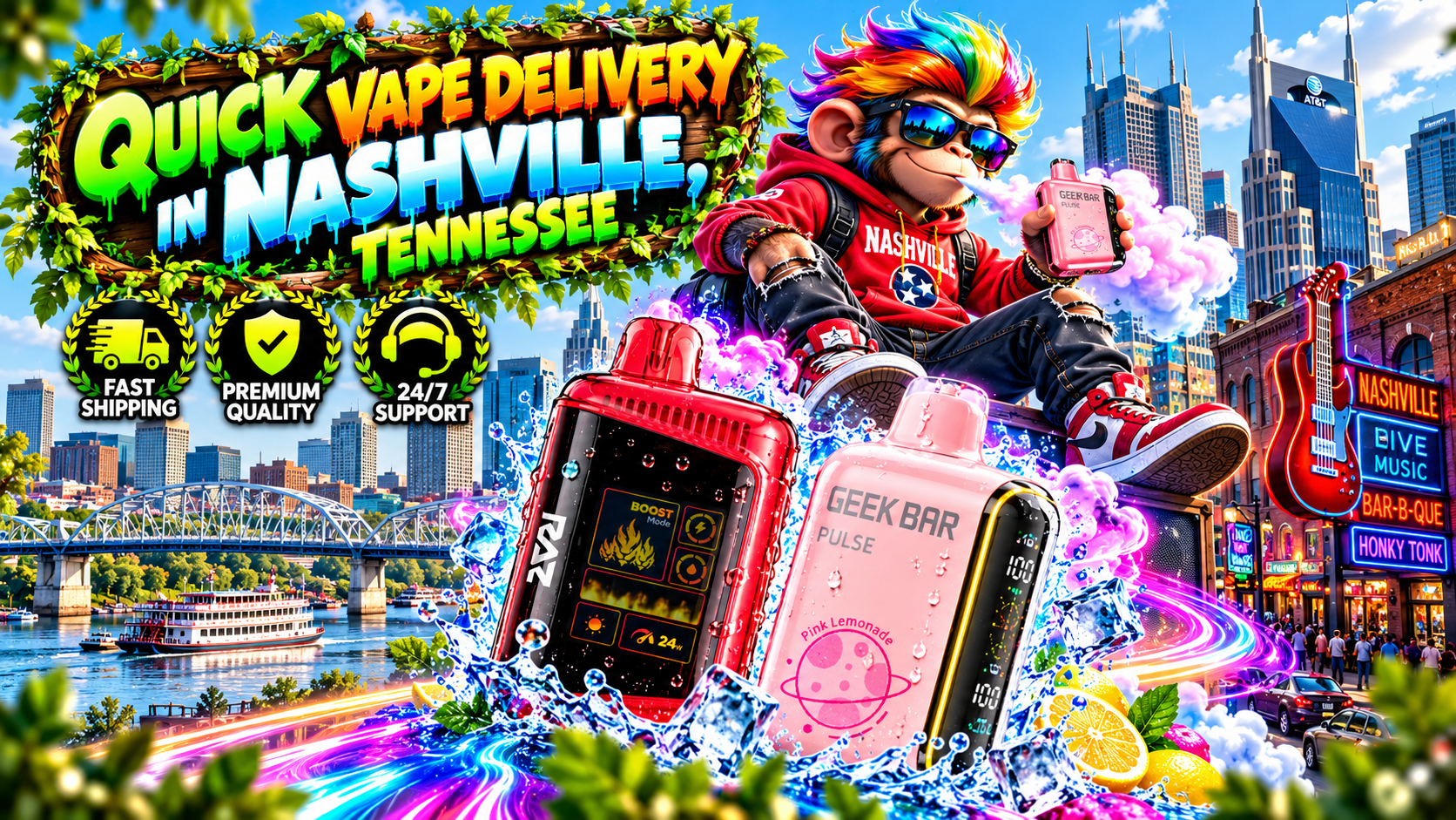 Dynamic Nashville delivery scene with colorful devices, water splashes, neon trails, skyline, and city landmarks.