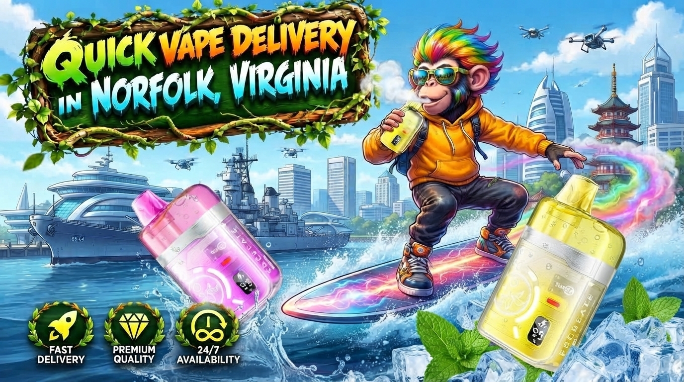 Pink and yellow vape devices with water splashes and icy accents along a bright Norfolk, Virginia waterfront.