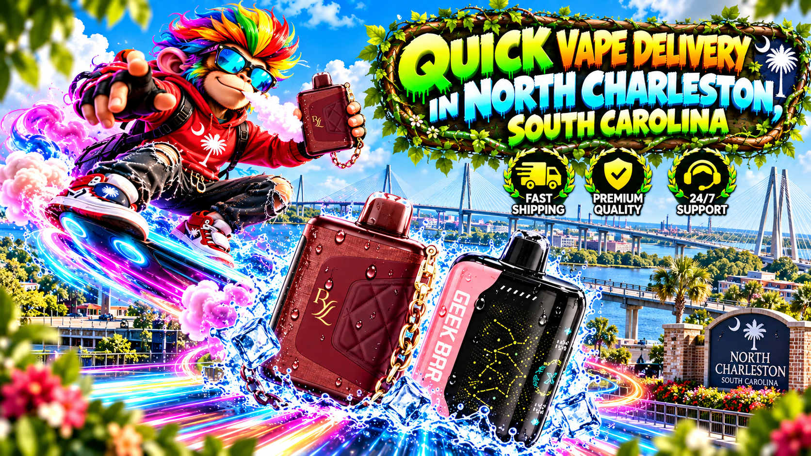 Quick Vape Delivery in North Charleston, South Carolina With Colorful Devices Stylish vape devices with water droplets, ice effects, neon trails, and a sunny North Charleston waterfront.