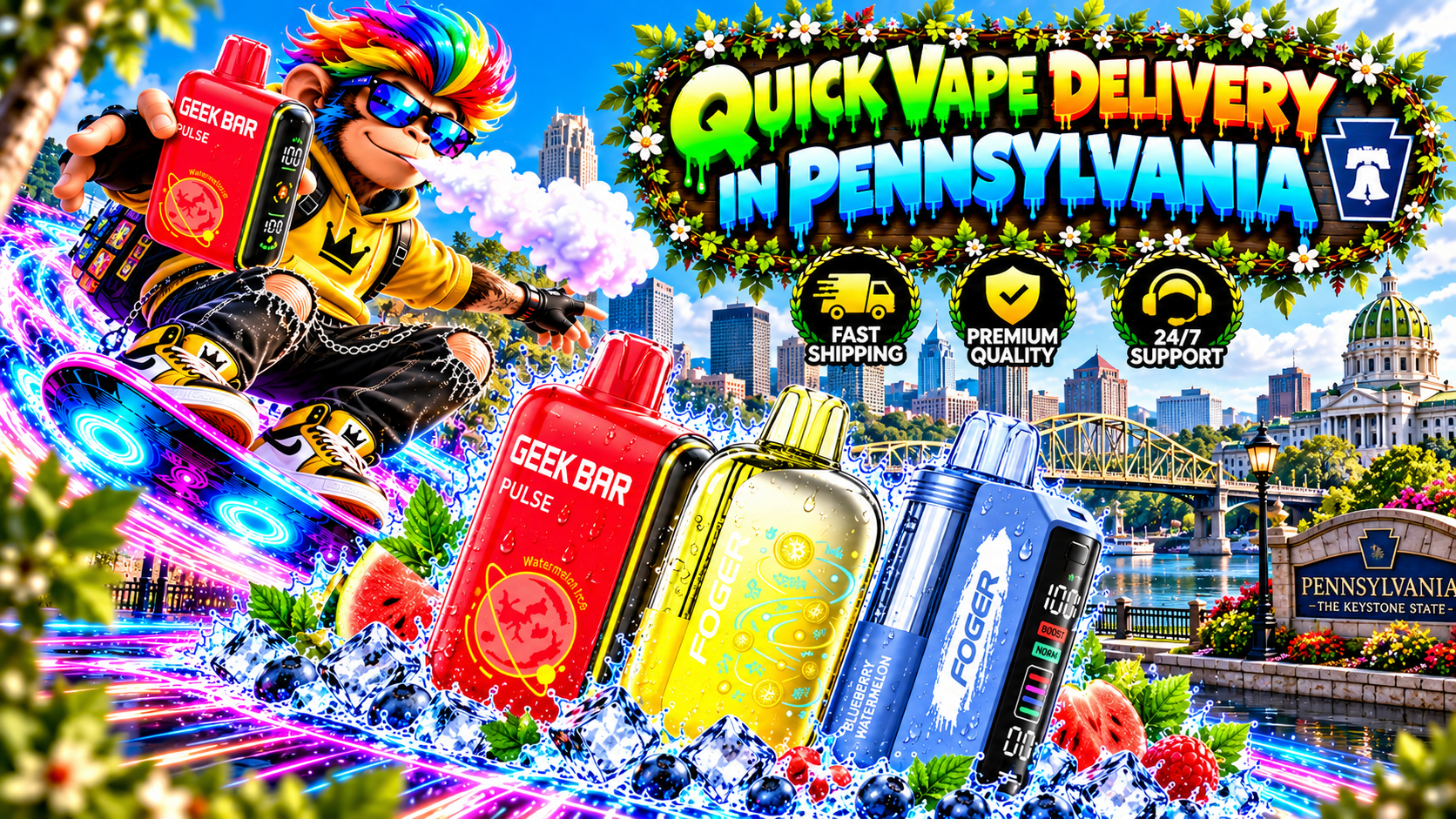 Quick Vape Delivery in Pennsylvania with Colorful Devices Colorful vape devices with water droplets, ice, fruit accents, and a vibrant Pennsylvania city backdrop.