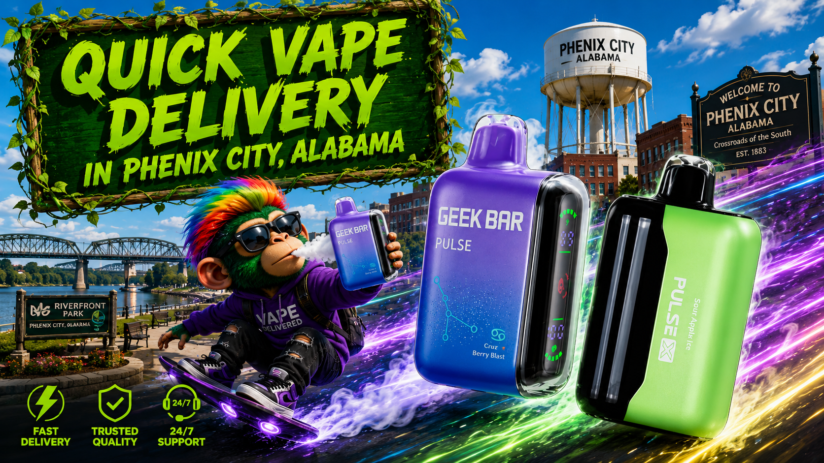 Modern Disposable Devices with Fast Delivery City Banner Promotional banner featuring modern disposable devices, colorful motion effects, and a city skyline with delivery highlights.