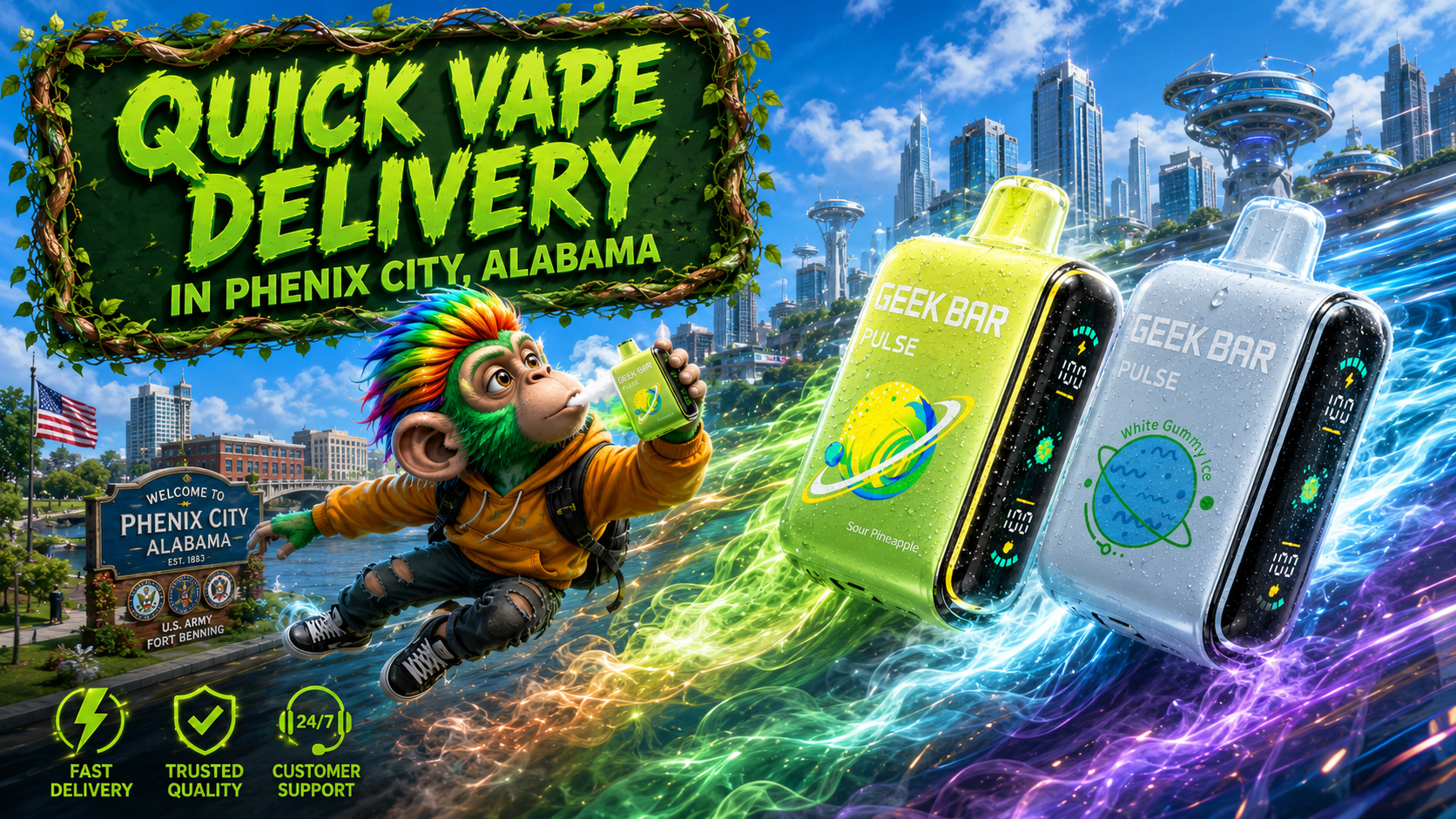 Colorful Disposable Devices with Dynamic City Delivery Scene Vibrant promotional artwork featuring colorful disposable devices, motion effects, and a modern city delivery backdrop.