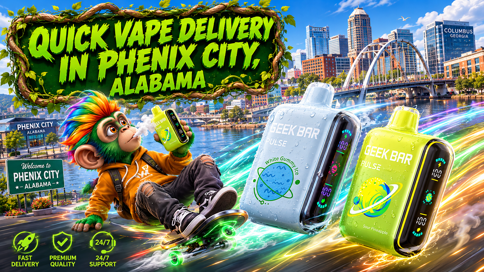 Disposable Device Delivery Banner with Colorful City Background Dynamic banner featuring disposable devices, vibrant motion trails, and a modern cityscape highlighting fast delivery service.