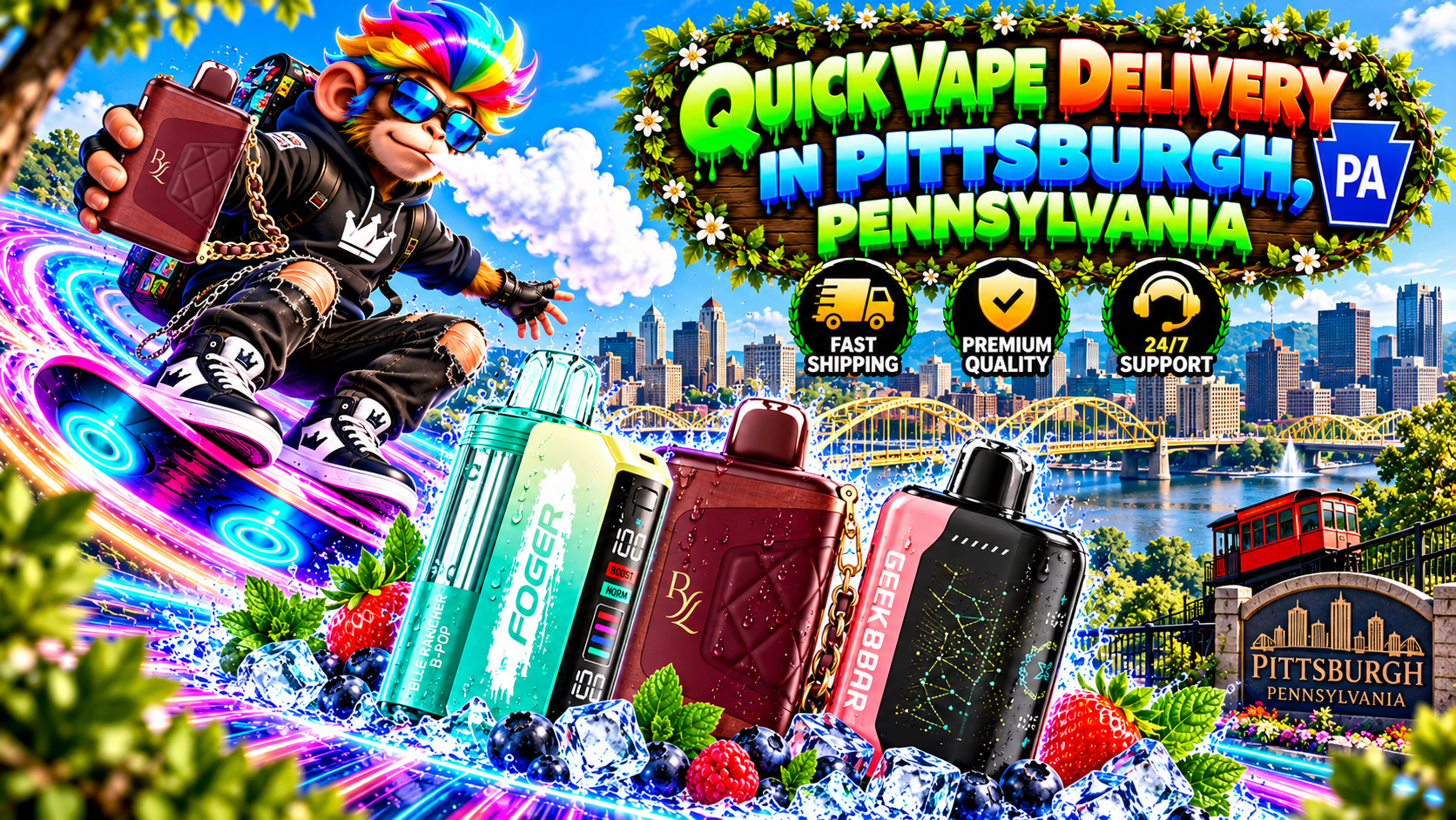 Quick Vape Delivery in Pittsburgh, PA – Colorful Devices and City Skyline Colorful vape devices with water droplets, a neon-riding monkey, and Pittsburgh landmarks in a vibrant delivery scene.