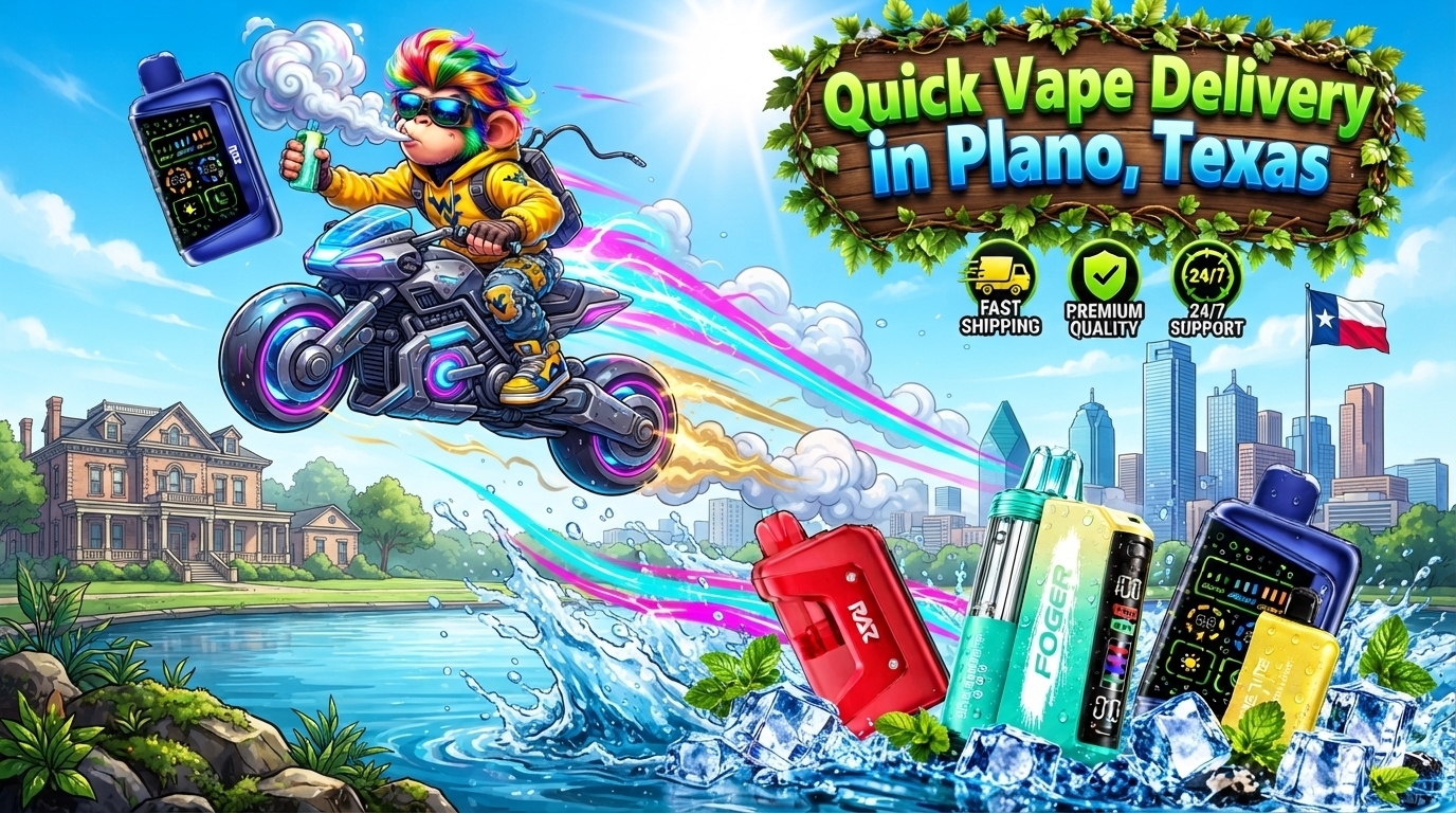 Quick Vape Delivery in Plano, Texas Colorful devices splash through icy water as a futuristic rider speeds across a bright Plano city scene.