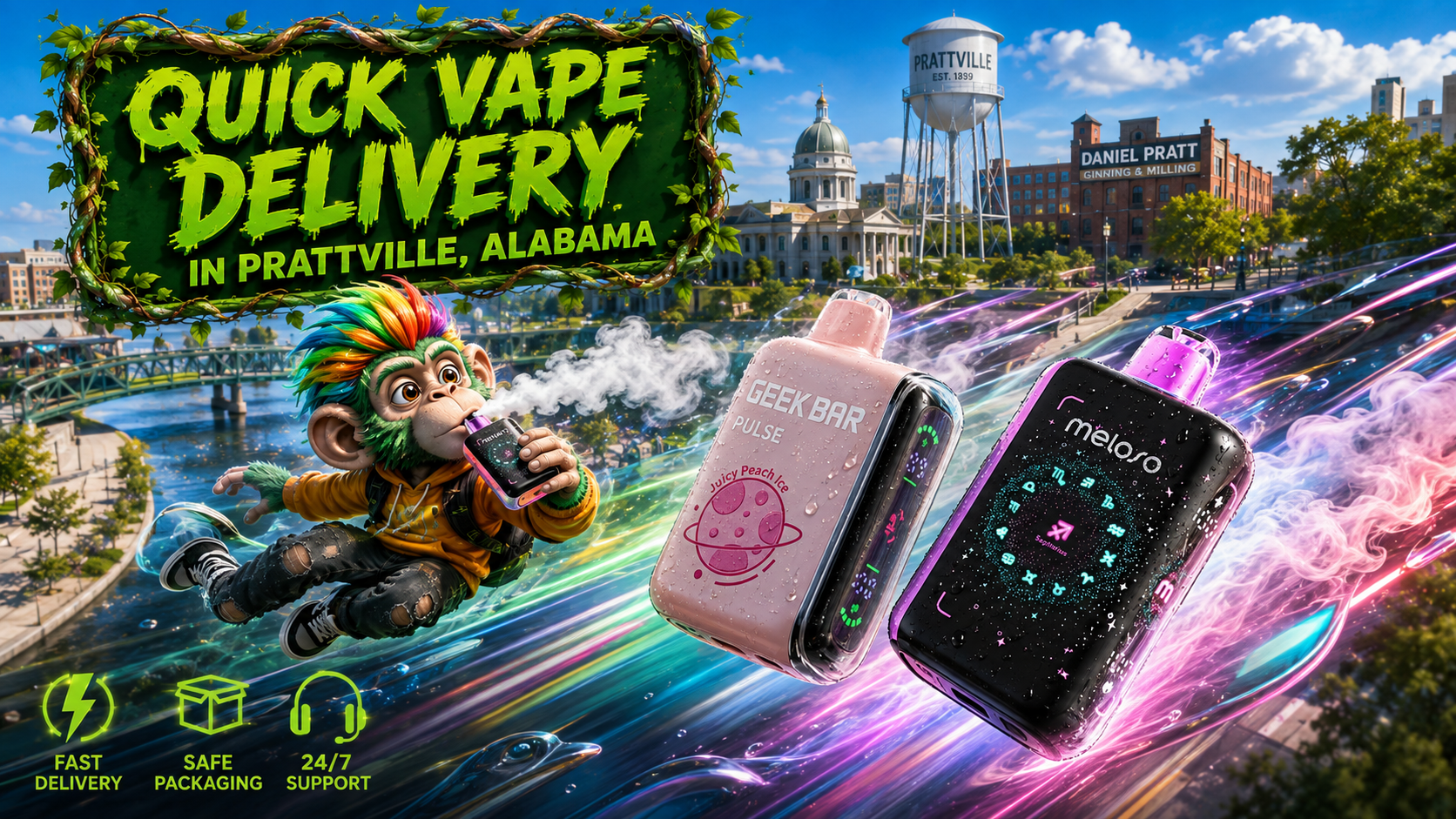 Colorful Disposable Vape Devices with Fast Delivery City Banner Two colorful disposable vape devices with vibrant energy trails over a city skyline and fast delivery-themed artwork.