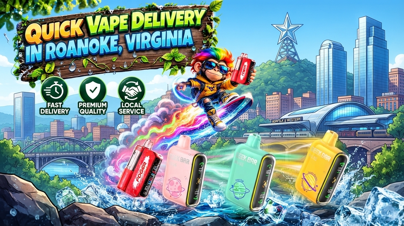 Quick Vape Delivery in Roanoke, Virginia Colorful vape devices with water splashes and vivid energy trails across a sunny Roanoke, Virginia cityscape.