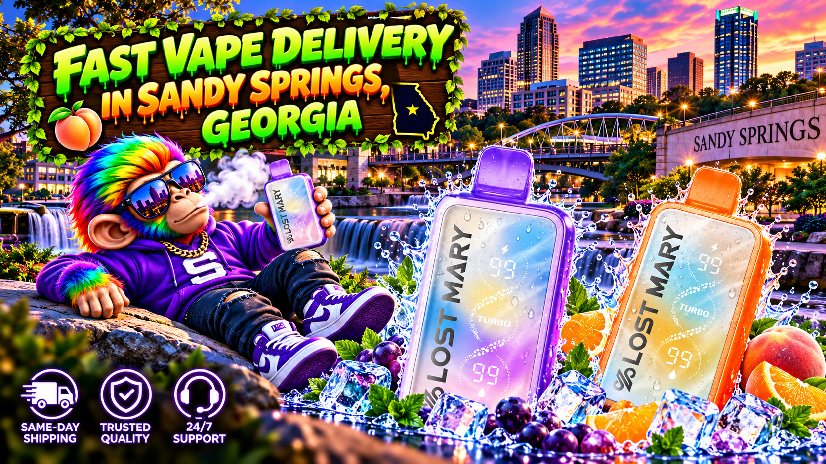 Fast Device Delivery in Sandy Springs, Georgia Sleek water-splashed devices glow against a colorful Sandy Springs skyline with a playful character.