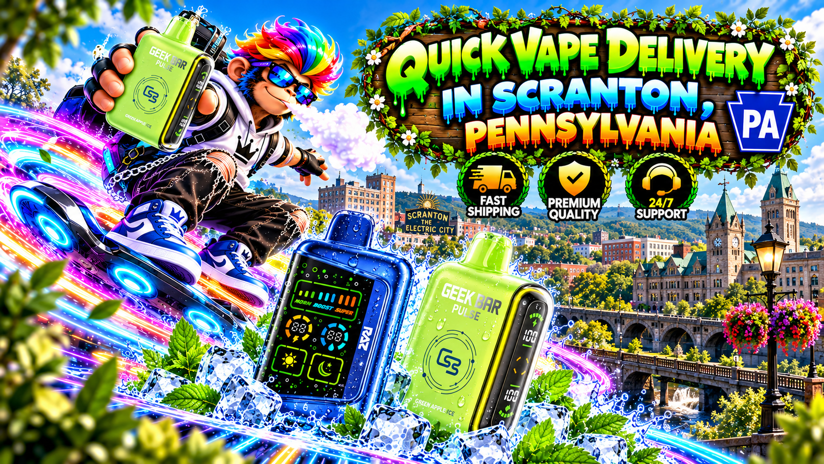 Quick Vape Delivery in Scranton, Pennsylvania – Neon Effects and Colorful Devices Bright vape devices with water droplets and ice, a colorful monkey on a neon hoverboard, and scenic Scranton landmarks.