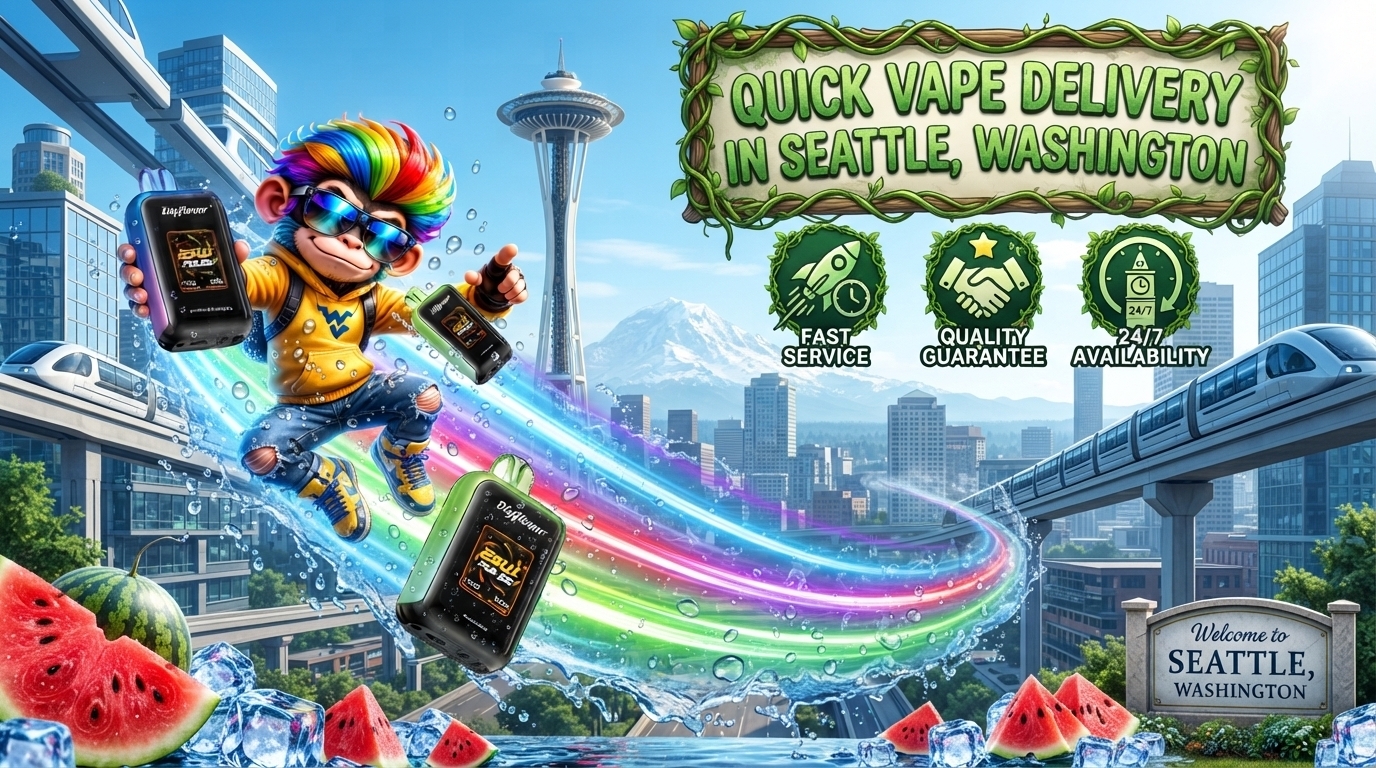 Quick Vape Delivery in Seattle, Washington Colorful vape delivery scene in Seattle with devices, water effects, city landmarks, and a playful character.