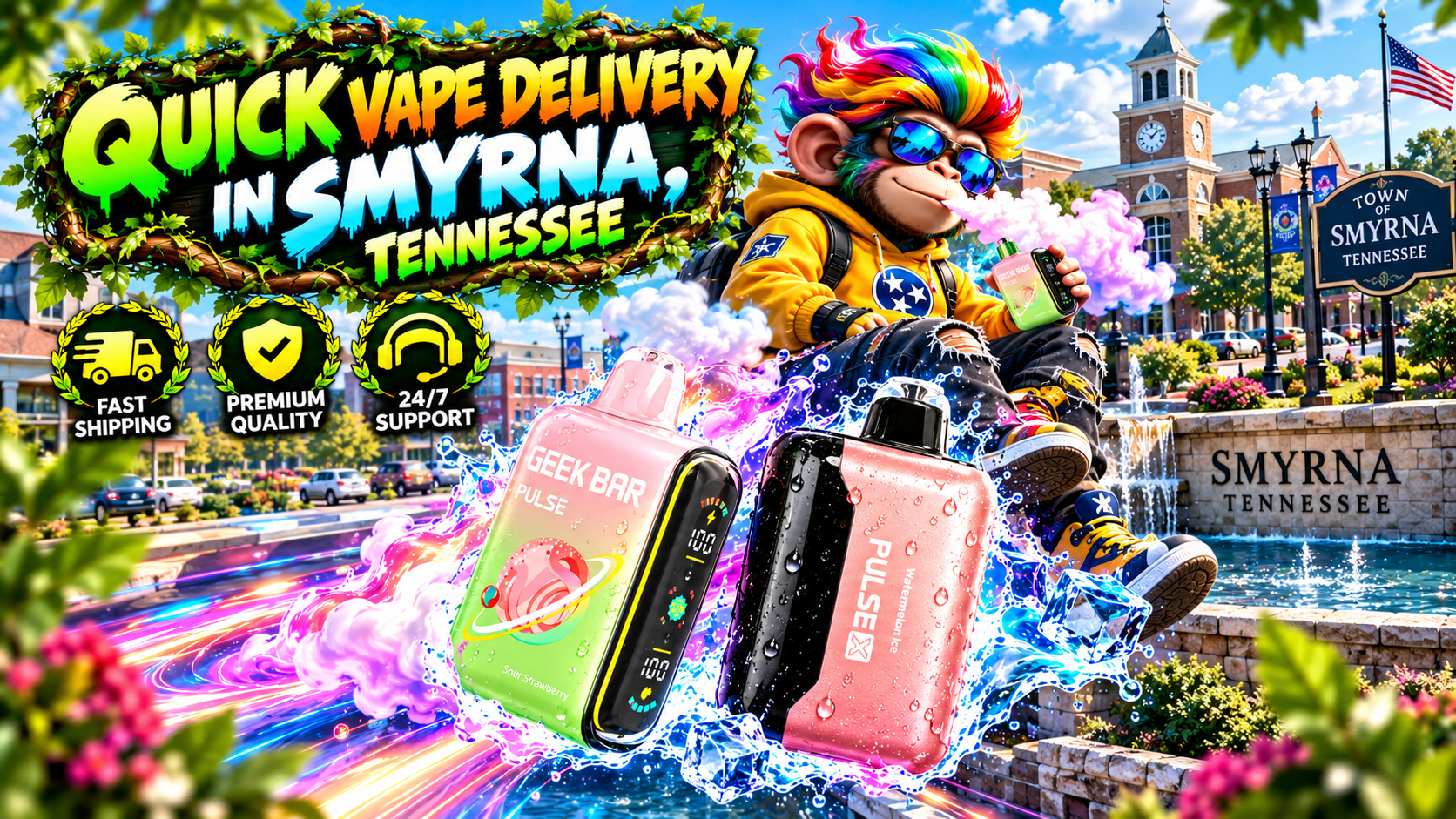 Vibrant delivery scene with colorful devices, water splashes, glowing trails, and a sunny Smyrna town backdrop.