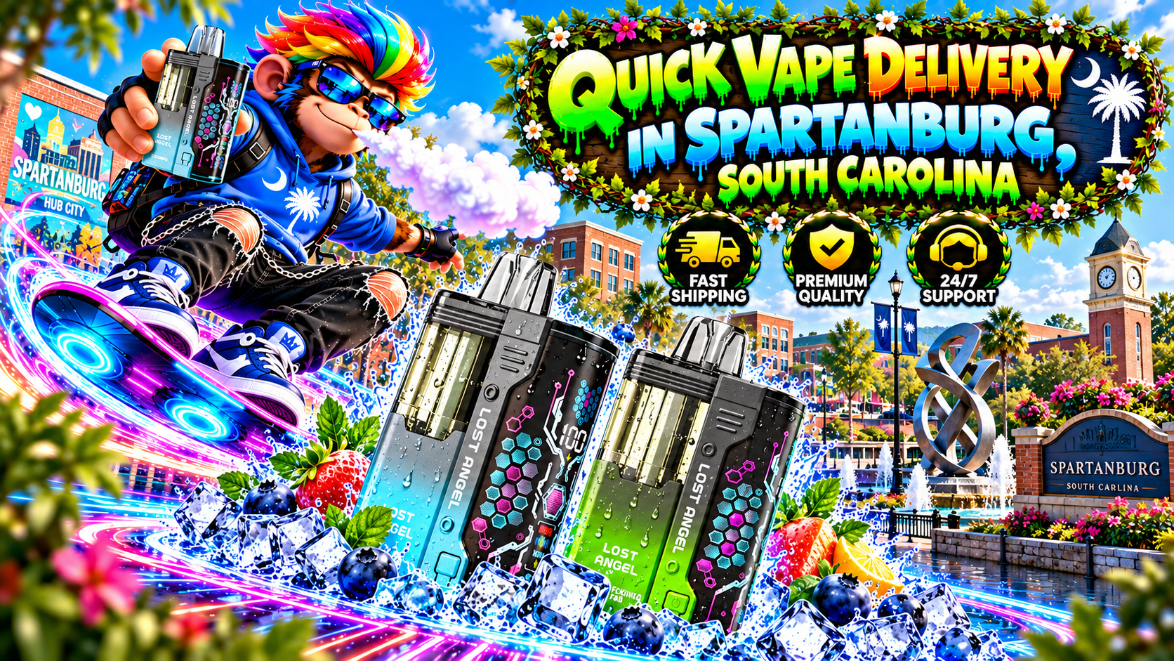 Quick Vape Delivery in Spartanburg, South Carolina Vibrant delivery scene with water-detailed devices, neon speed trails, flowers, and a sunny Spartanburg backdrop.