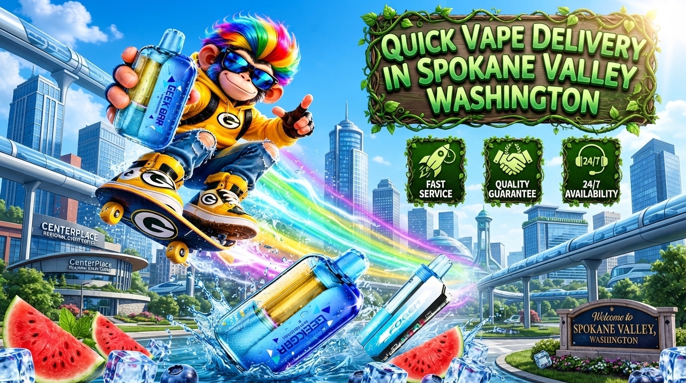 Bright devices with water splashes and rainbow trails set against a lively Spokane Valley city scene.