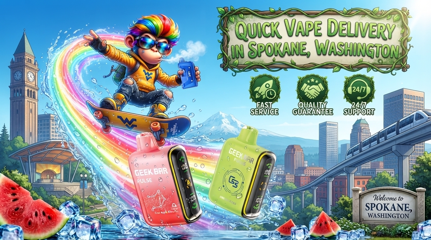 Colorful devices with water splashes and rainbow motion trails set against a vibrant Spokane cityscape.