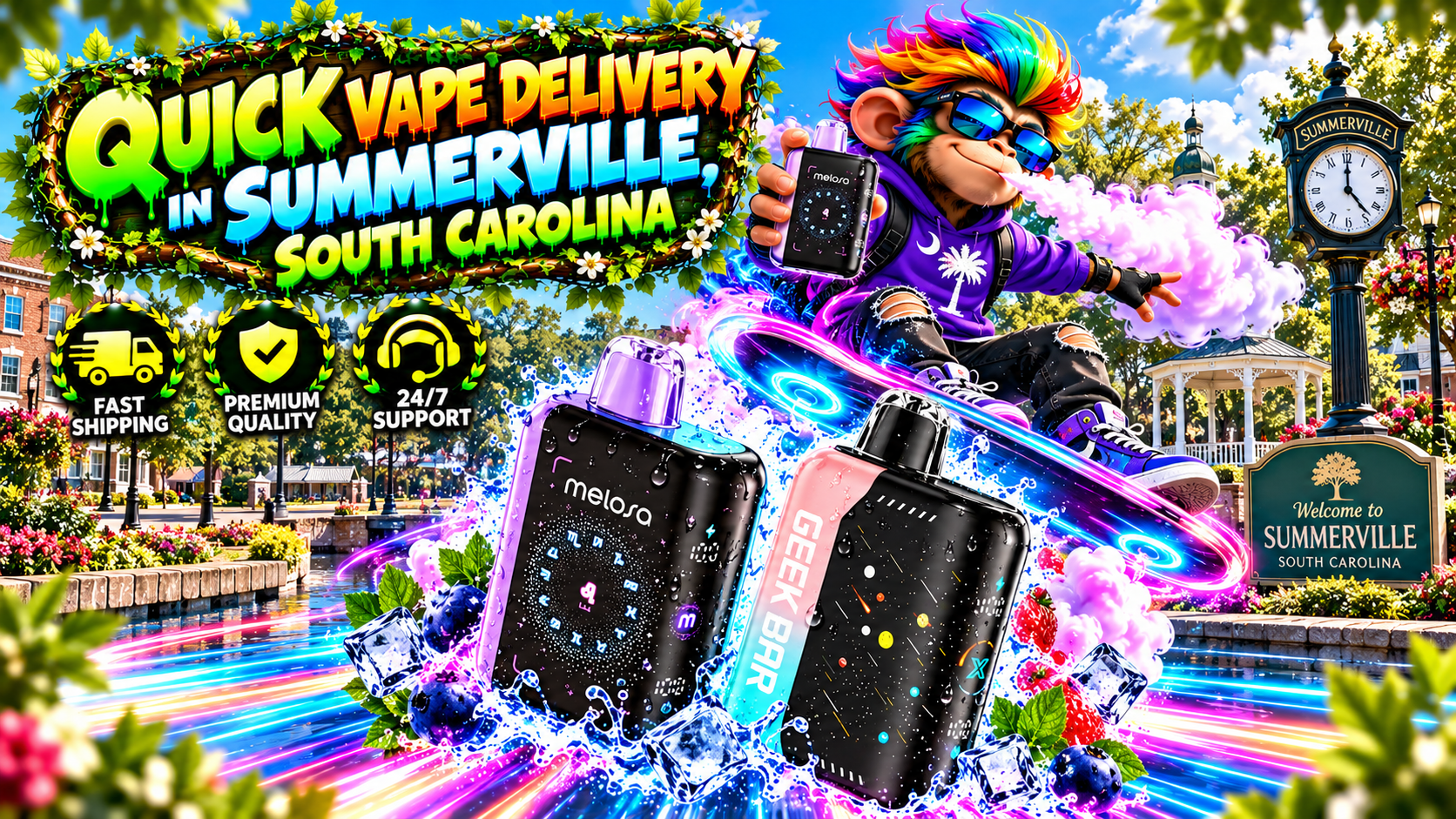 Sleek vape devices with water droplets, ice effects, neon trails, and a bright Summerville city backdrop.