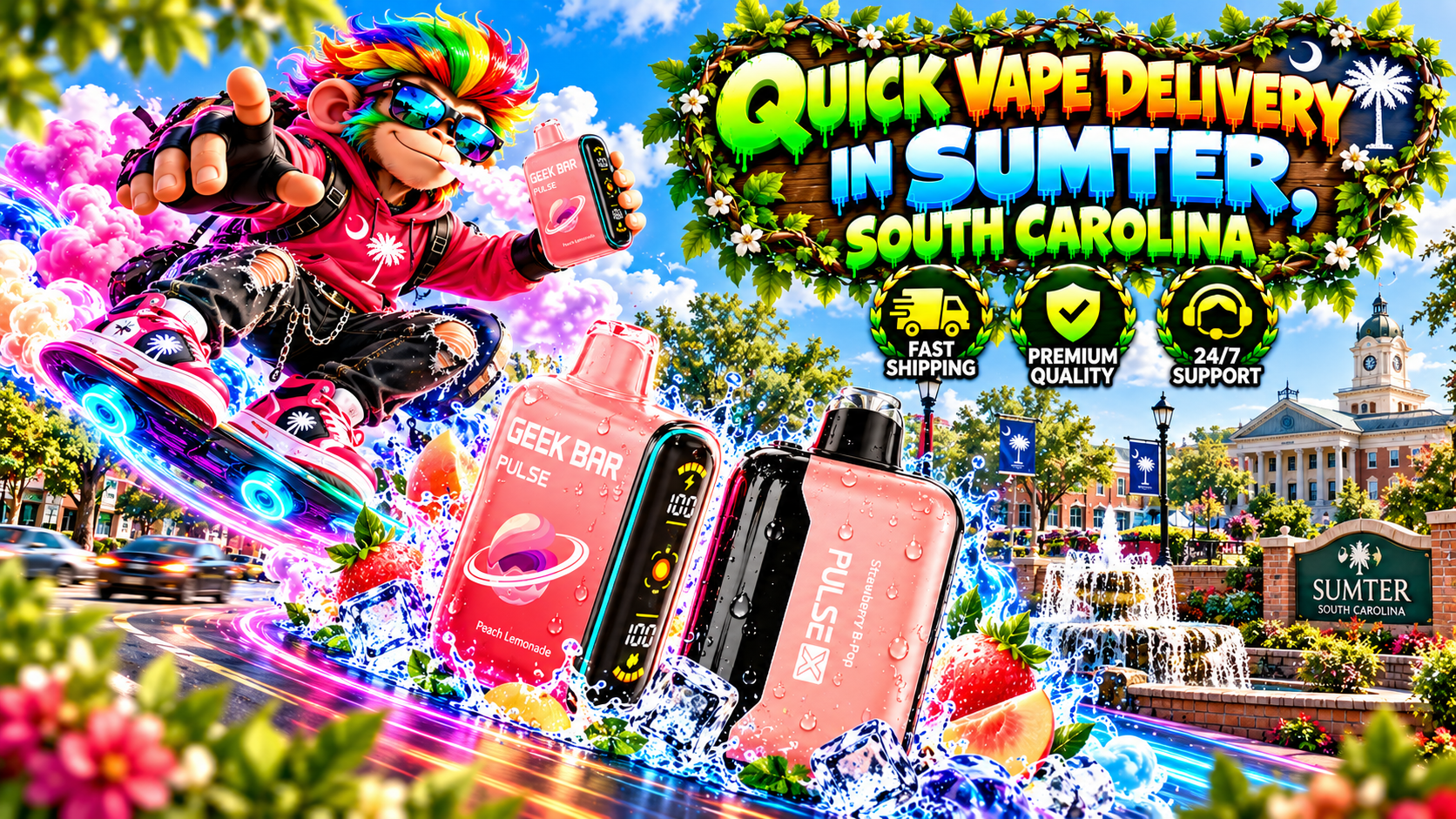 Quick Vape Delivery in Sumter, South Carolina With Colorful Devices Pink vape devices with water droplets, ice effects, neon trails, and a bright Sumter, South Carolina cityscape.