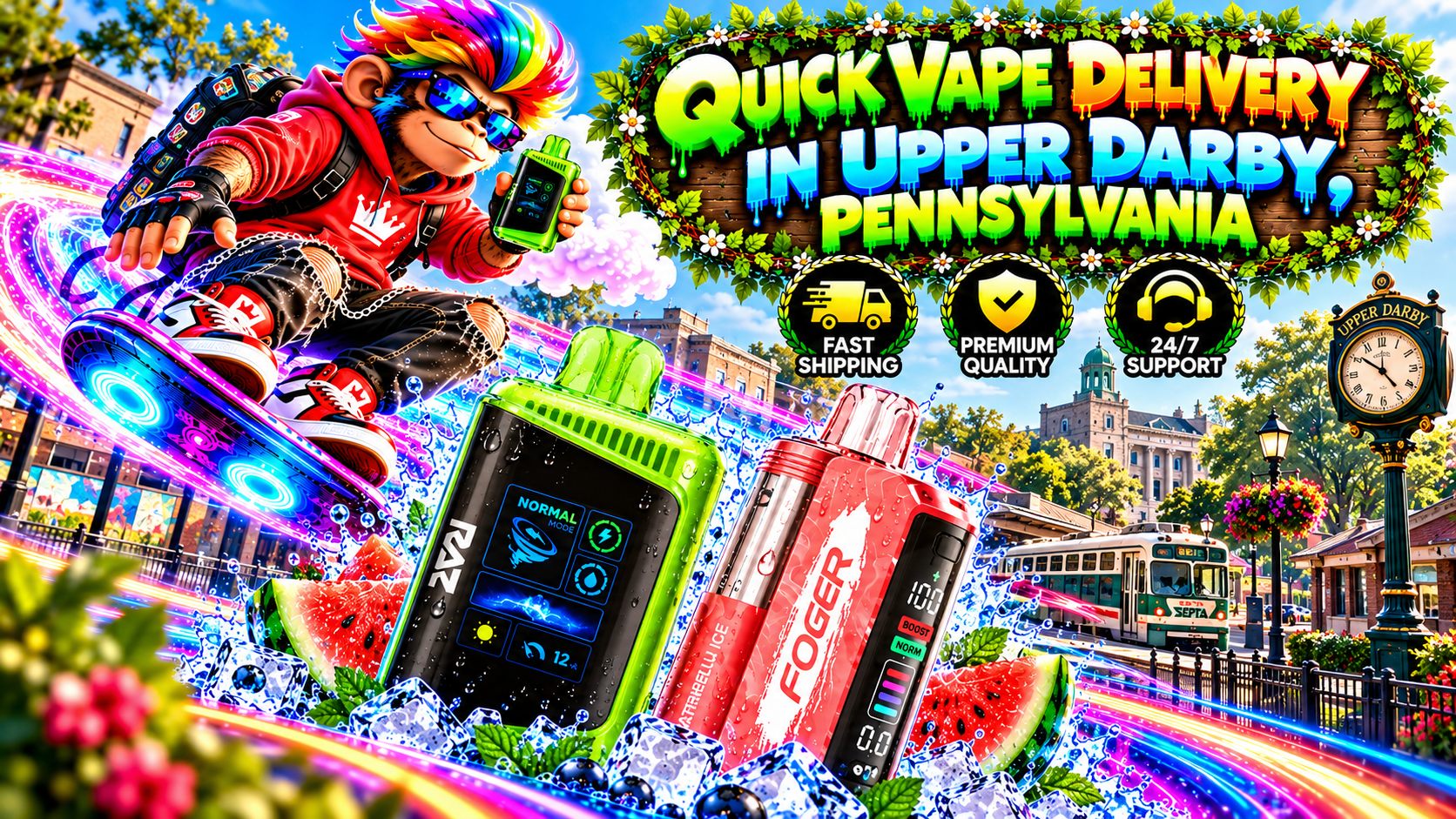 Colorful vape devices with water droplets, ice, watermelon slices, and neon trails against Upper Darby's cityscape.