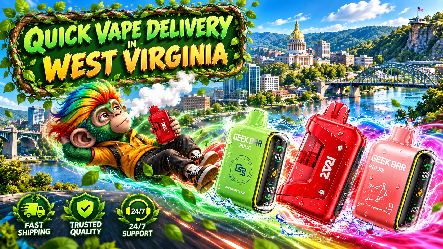 Colorful vape devices with a cartoon monkey, vibrant splash effects, and a scenic West Virginia city backdrop.