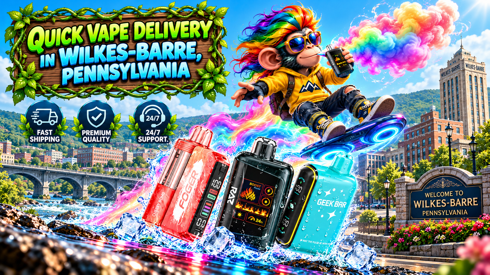 Red, black, and turquoise vape devices with icy splashes, rainbow trails, and a colorful character in Wilkes-Barre, PA.
