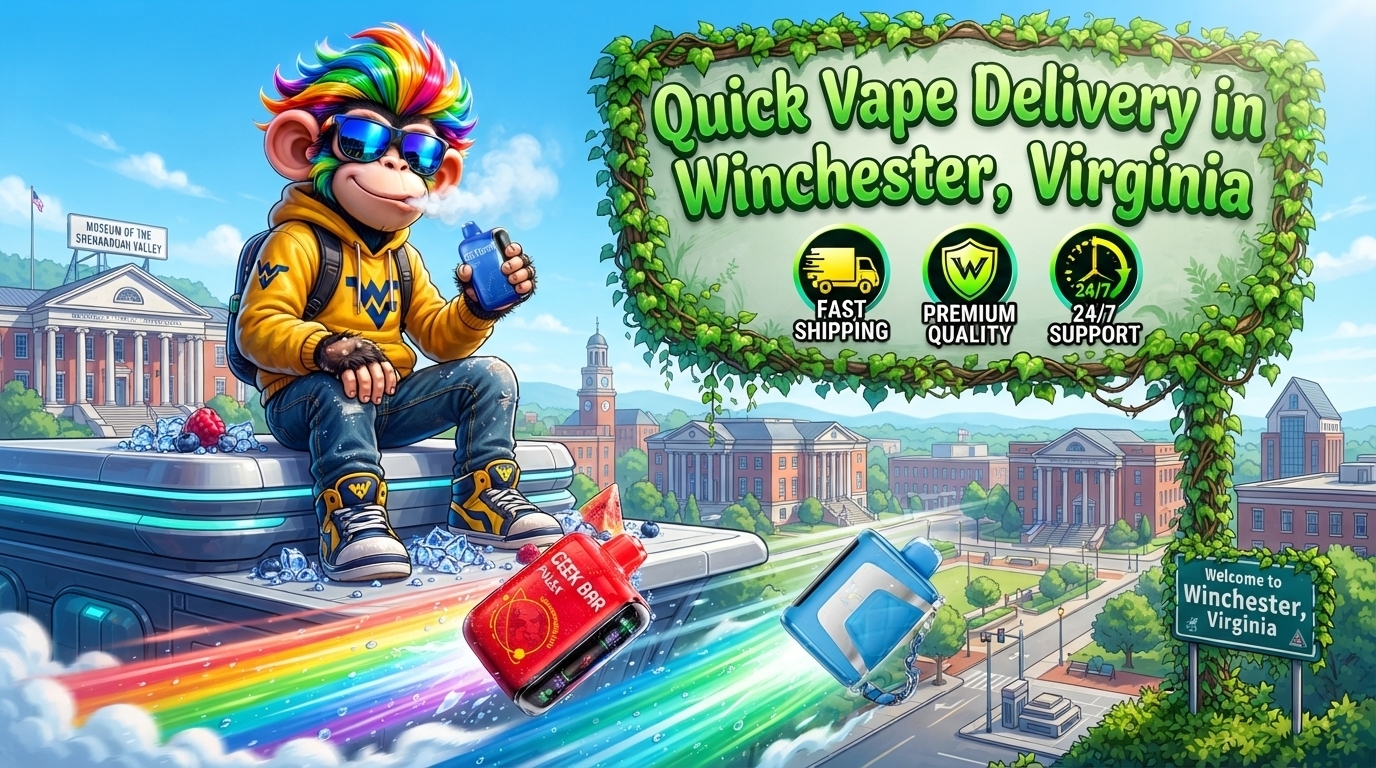 Colorful vape devices with water droplets and glowing trails over a sunny Winchester, Virginia cityscape.