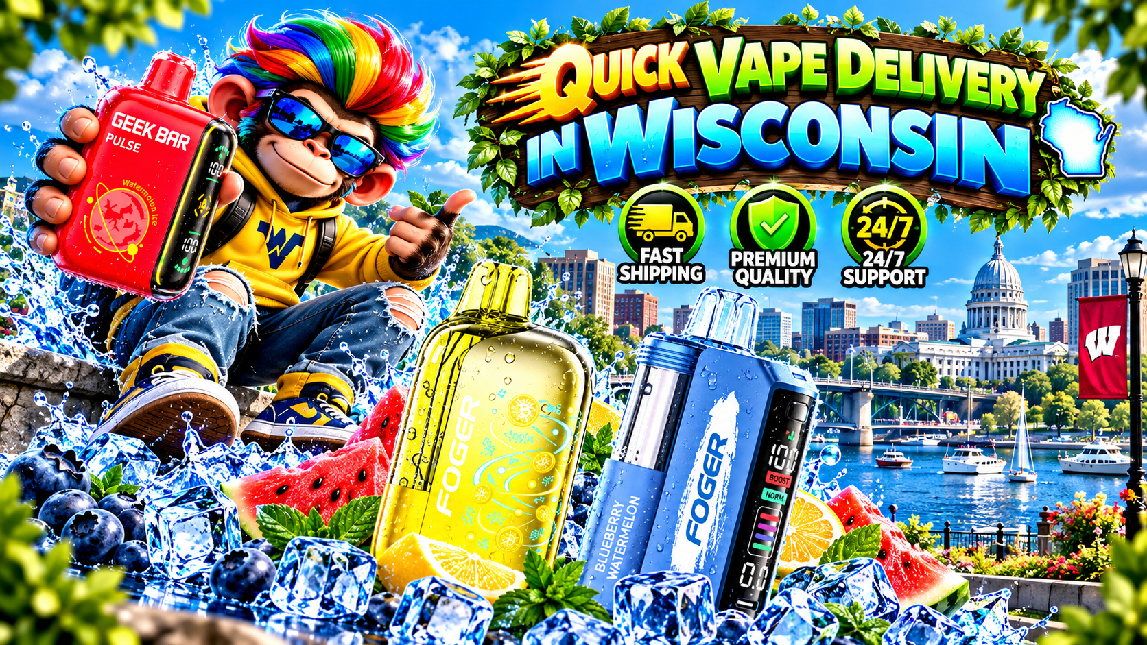 Quick Vape Delivery in Wisconsin with Colorful Devices Colorful vape devices with water droplets and ice effects against a bright Wisconsin cityscape.