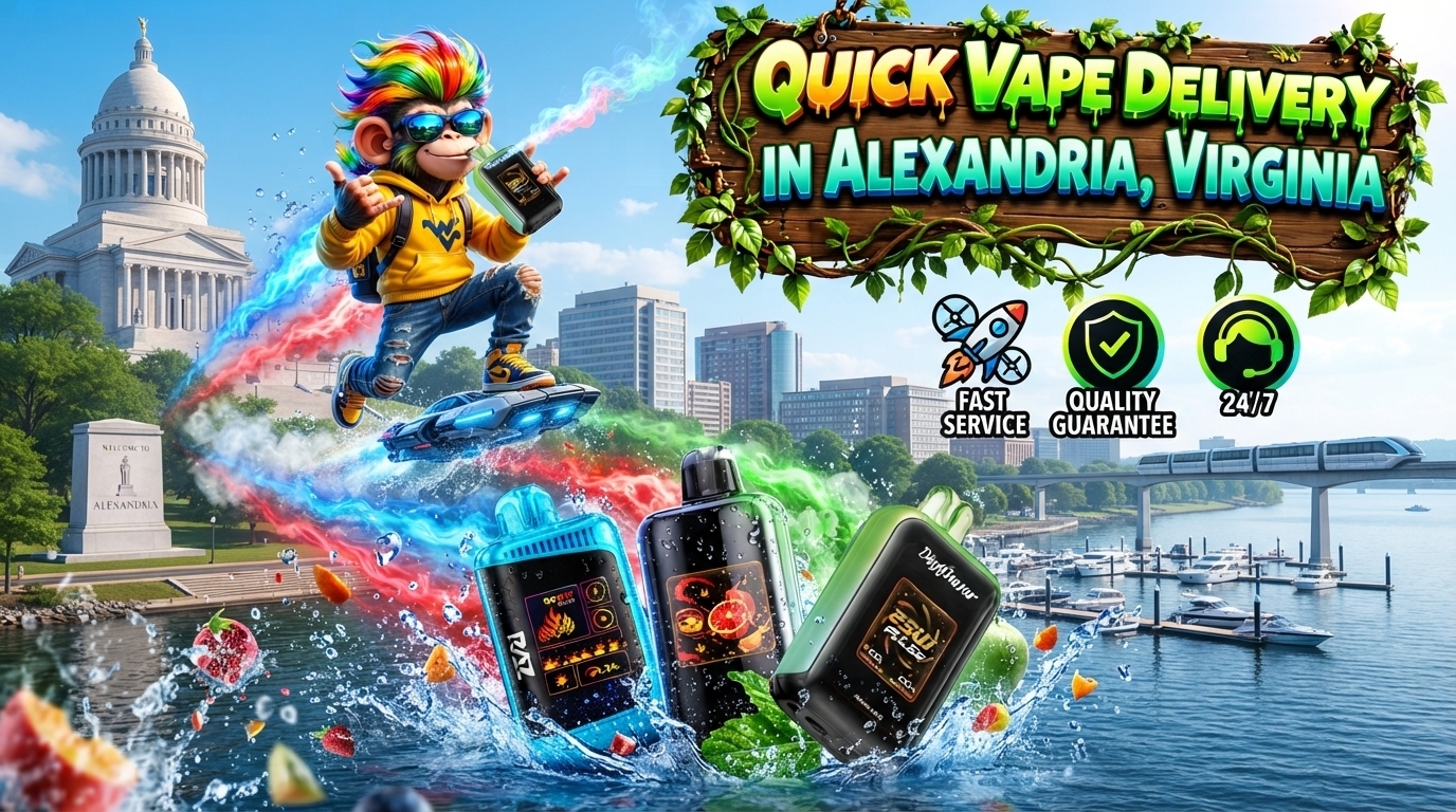 Colorful vape devices with water splashes and glowing trails across a bright Alexandria, Virginia waterfront.