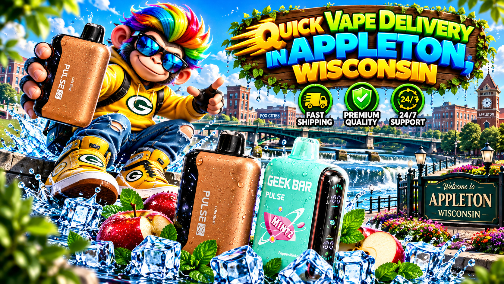 Colorful vape devices with water droplets, ice, fruit accents, and an Appleton, Wisconsin city backdrop.