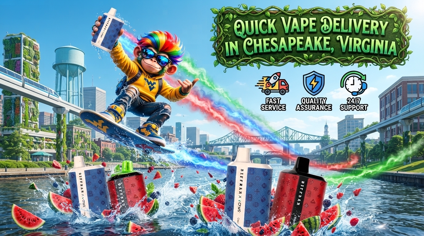 Colorful vape devices with water splashes and vivid energy trails across a sunny Chesapeake, Virginia cityscape.