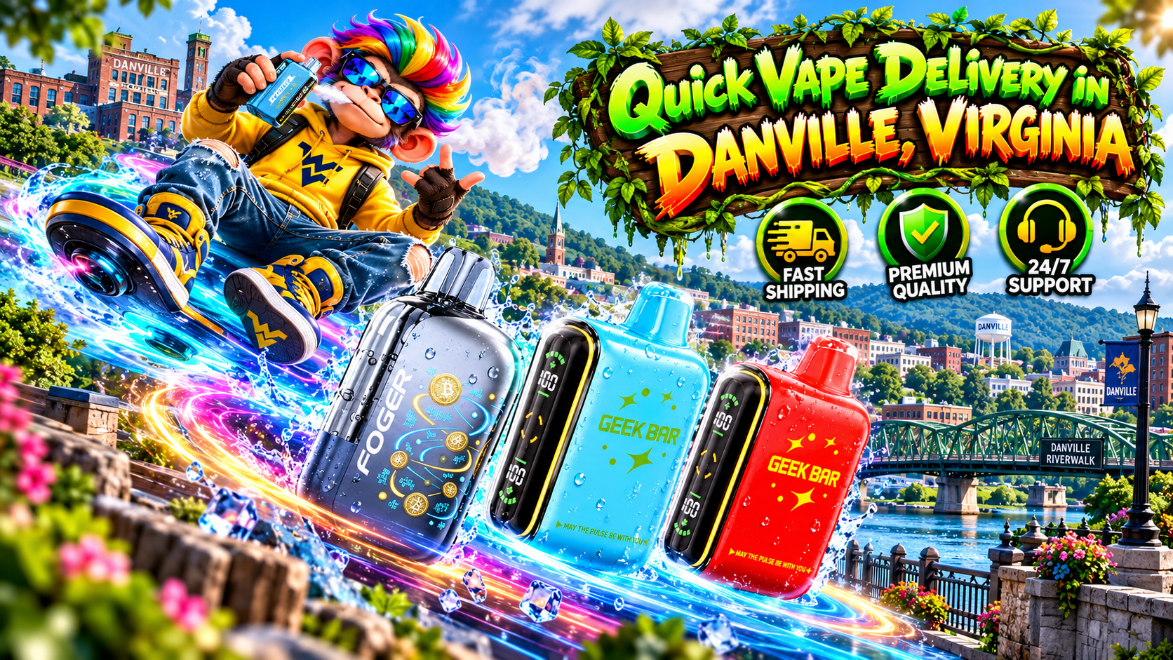 Quick Vape Delivery Scene in Danville, Virginia Colorful vape devices with water droplets and neon energy trails across a sunny Danville, Virginia riverfront.