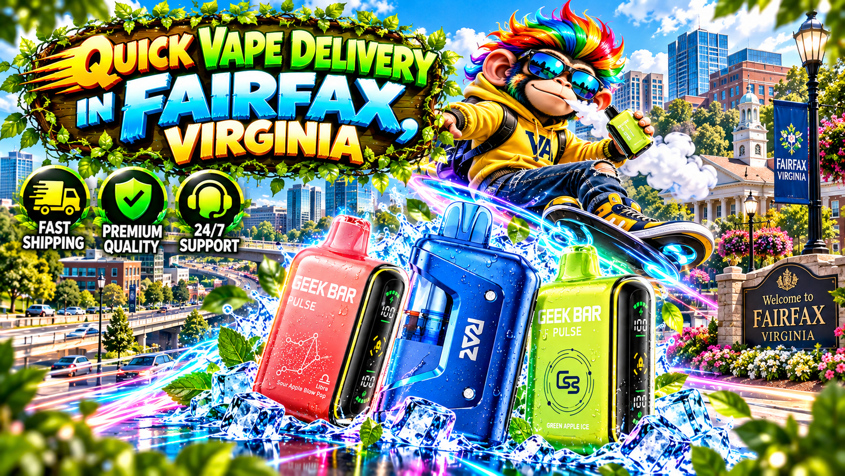 Quick Vape Delivery Scene in Fairfax, Virginia Colorful vape devices with water droplets and neon energy trails across a bright Fairfax, Virginia cityscape.