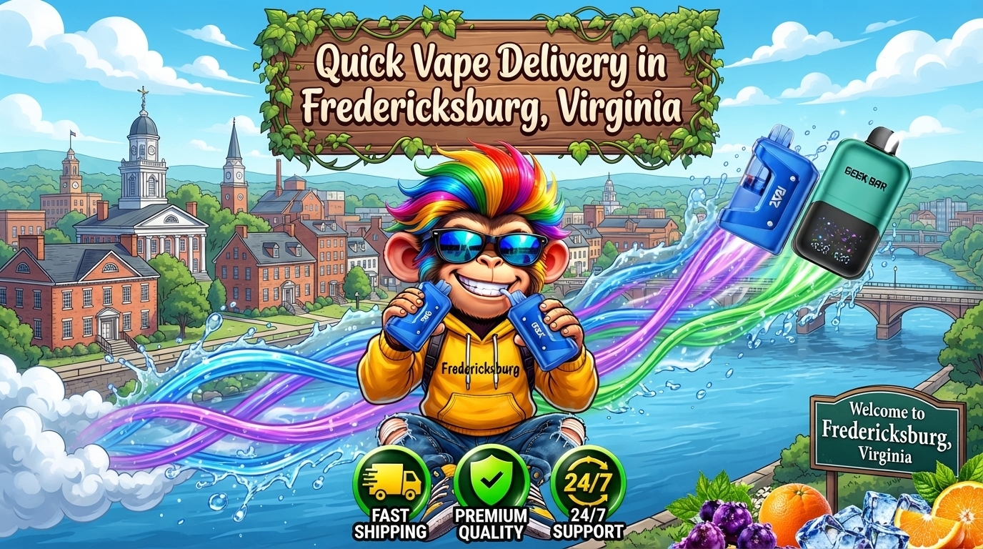 Colorful vape devices with water splashes and glowing trails over a scenic Fredericksburg, Virginia waterfront.